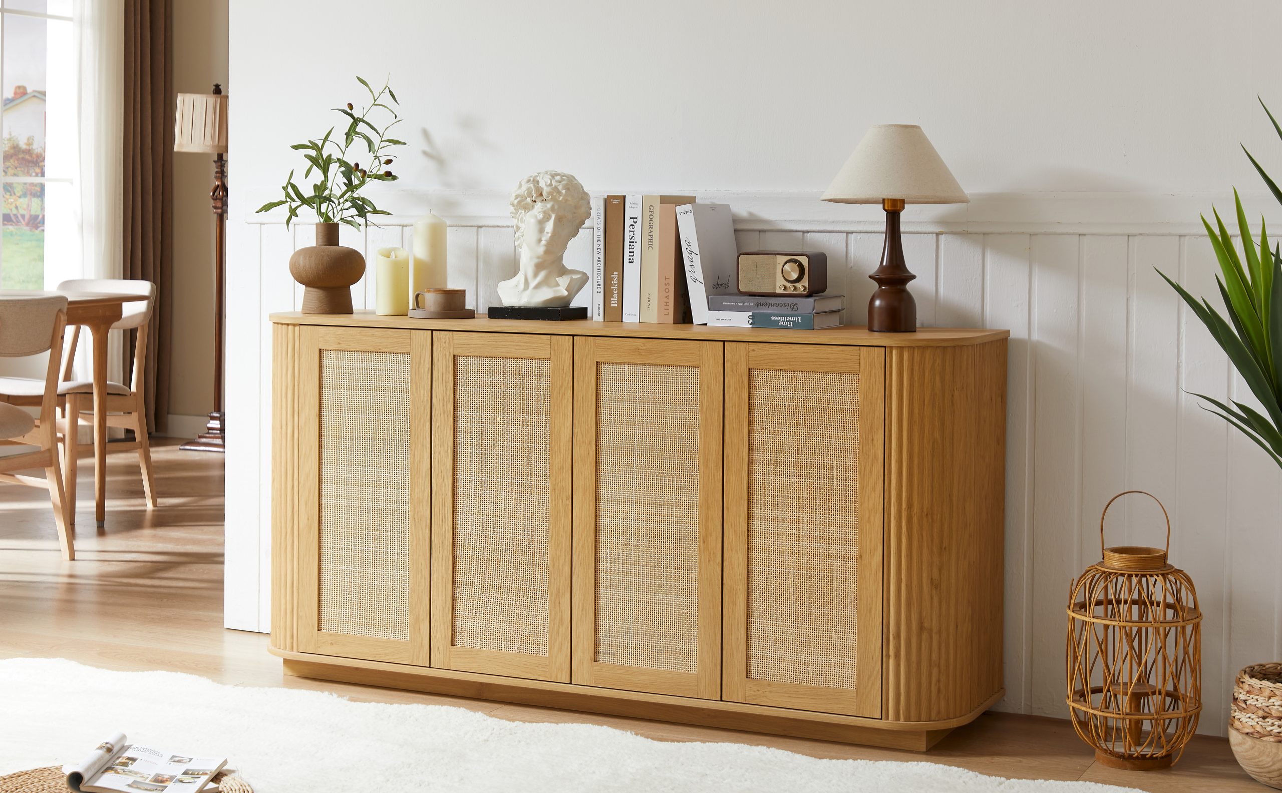 64-inch wave shaped TV stand, rounded corner sideboard, storage cabinet, buffet, wood vertical striped cabinet with rattan doors for kitchen/bedroom/entryway. Natural, 64''W x 15''D x 31.5''H - Image 4