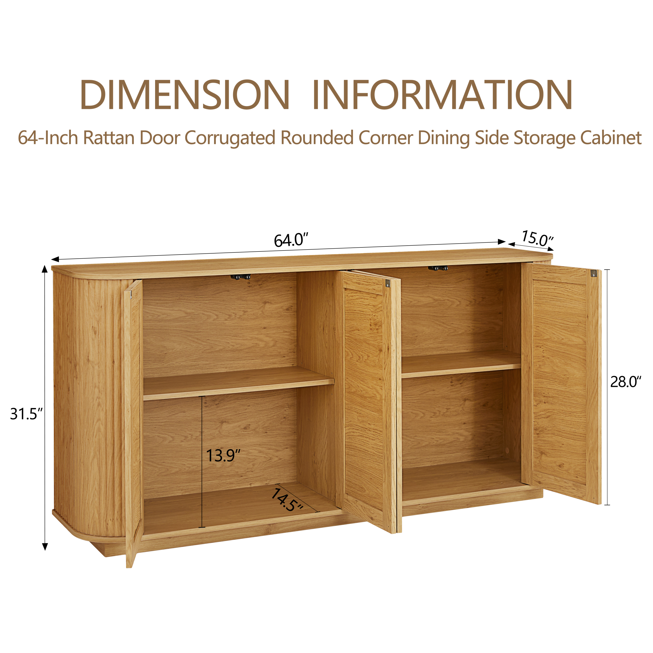 64-inch wave shaped TV stand, rounded corner sideboard, storage cabinet, buffet, wood vertical striped cabinet with rattan doors for kitchen/bedroom/entryway. Natural, 64''W x 15''D x 31.5''H - Image 5