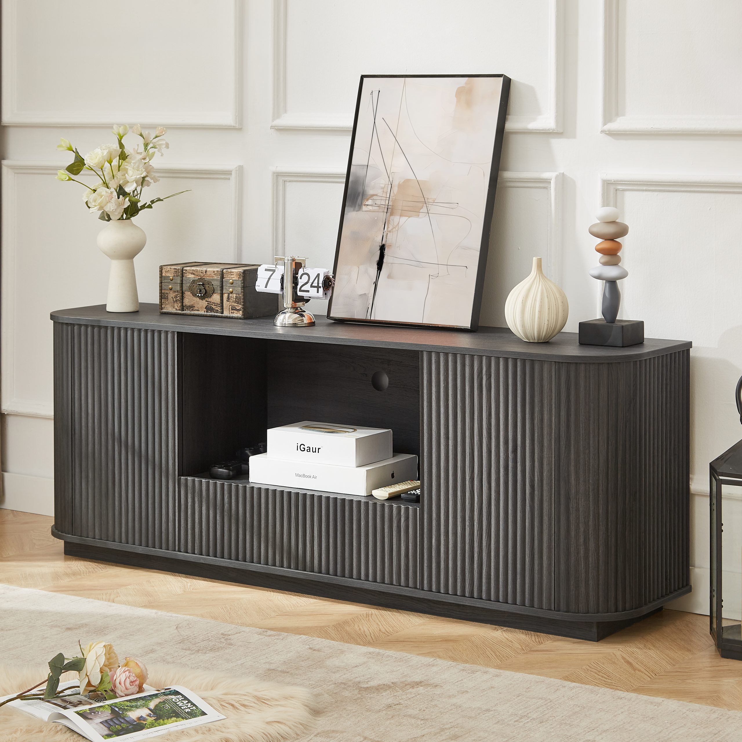 64-Inch Wavy TV Stand, Rounded Sideboard, Storage Cabinet, Wooden Vertical Stripe Cabinet for Living Room/Bedroom/Entryway. Black,64''W x 15''D x 24''H. - Image 2