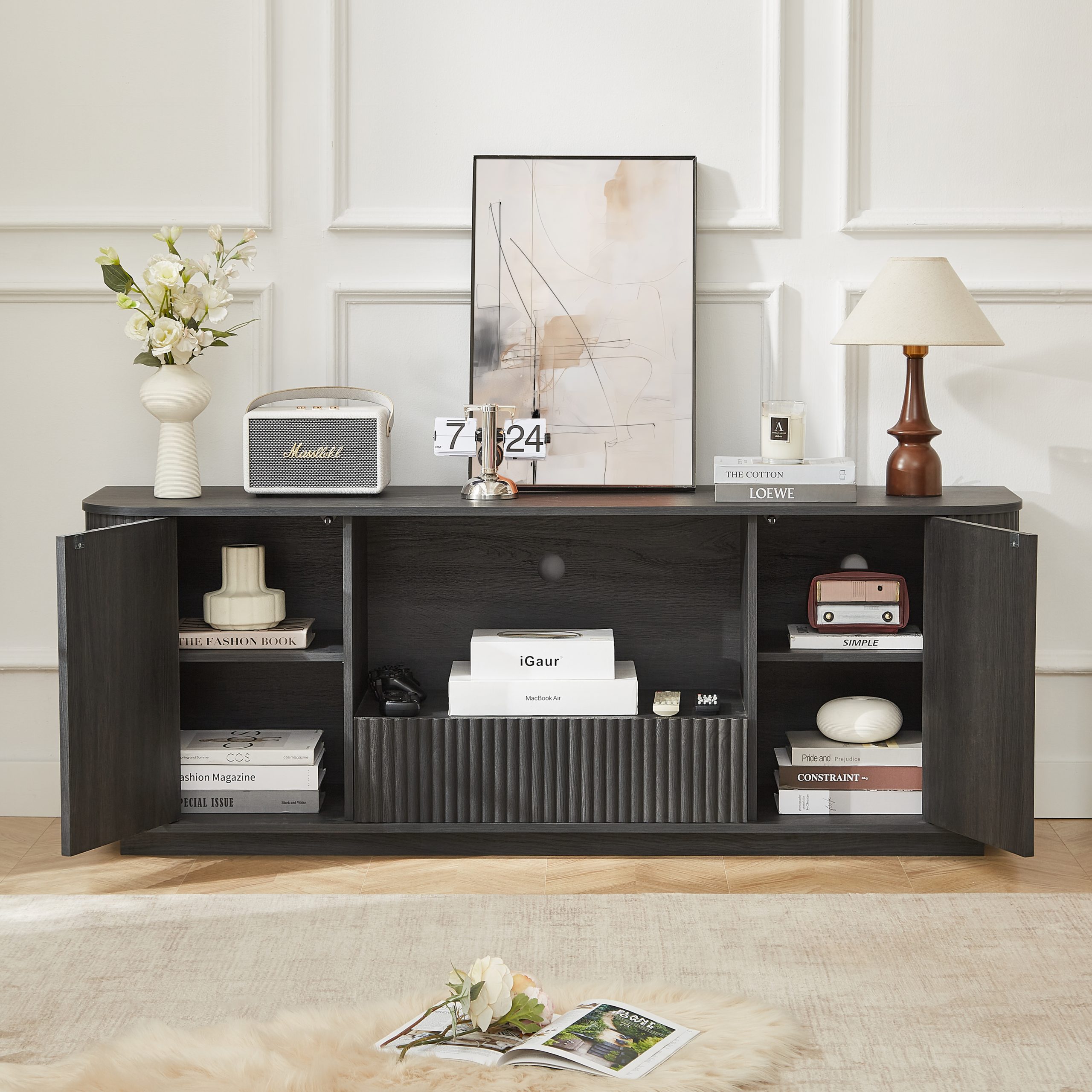 64-Inch Wavy TV Stand, Rounded Sideboard, Storage Cabinet, Wooden Vertical Stripe Cabinet for Living Room/Bedroom/Entryway. Black,64''W x 15''D x 24''H. - Image 3