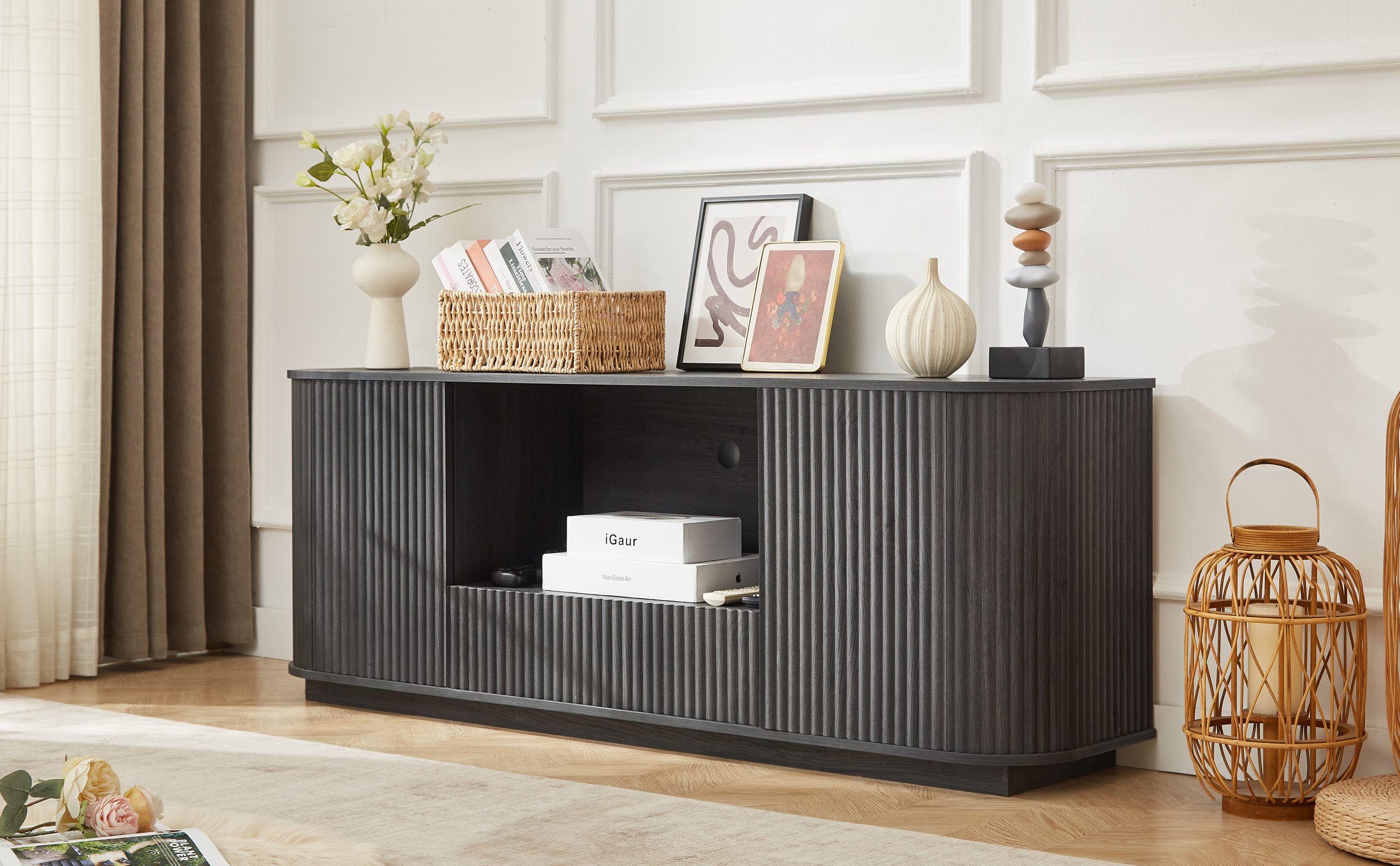 64-Inch Wavy TV Stand, Rounded Sideboard, Storage Cabinet, Wooden Vertical Stripe Cabinet for Living Room/Bedroom/Entryway. Black,64''W x 15''D x 24''H. - Image 4