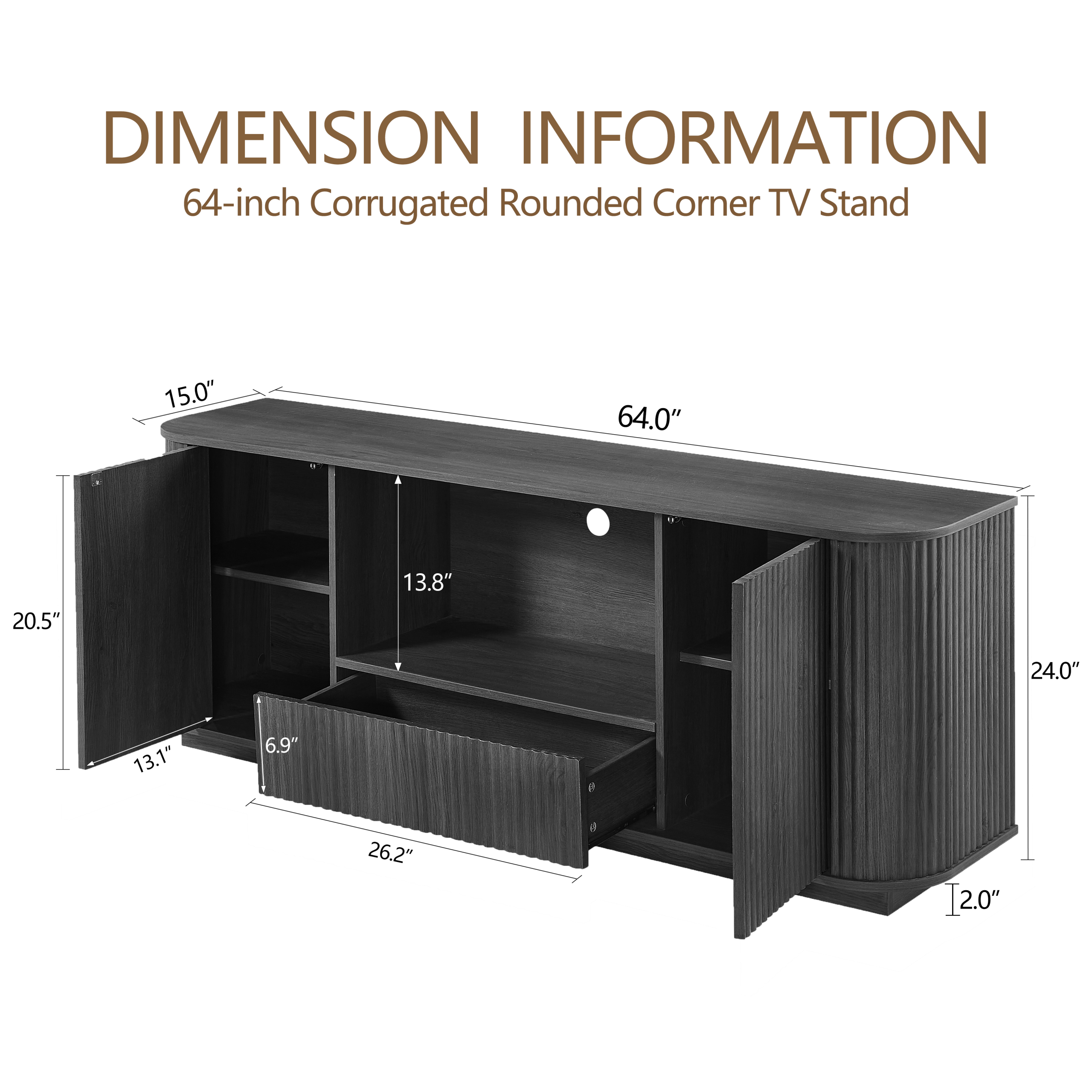 64-Inch Wavy TV Stand, Rounded Sideboard, Storage Cabinet, Wooden Vertical Stripe Cabinet for Living Room/Bedroom/Entryway. Black,64''W x 15''D x 24''H. - Image 5