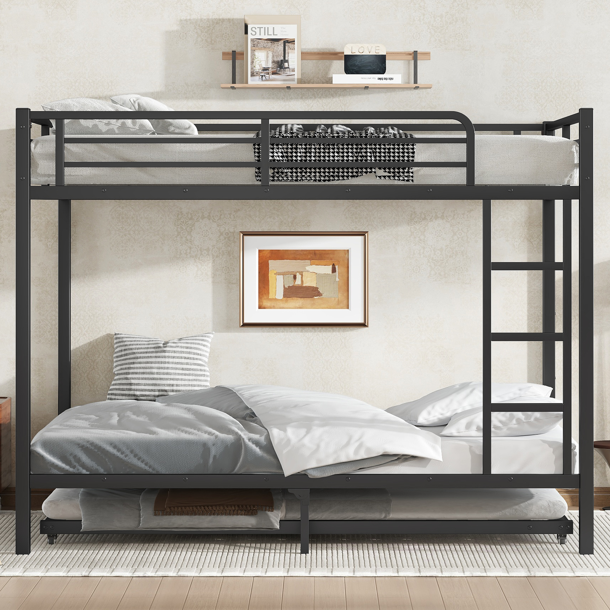 Full over Full Metal Bunk Bed with Twin Size Trundle, Black - Image 2