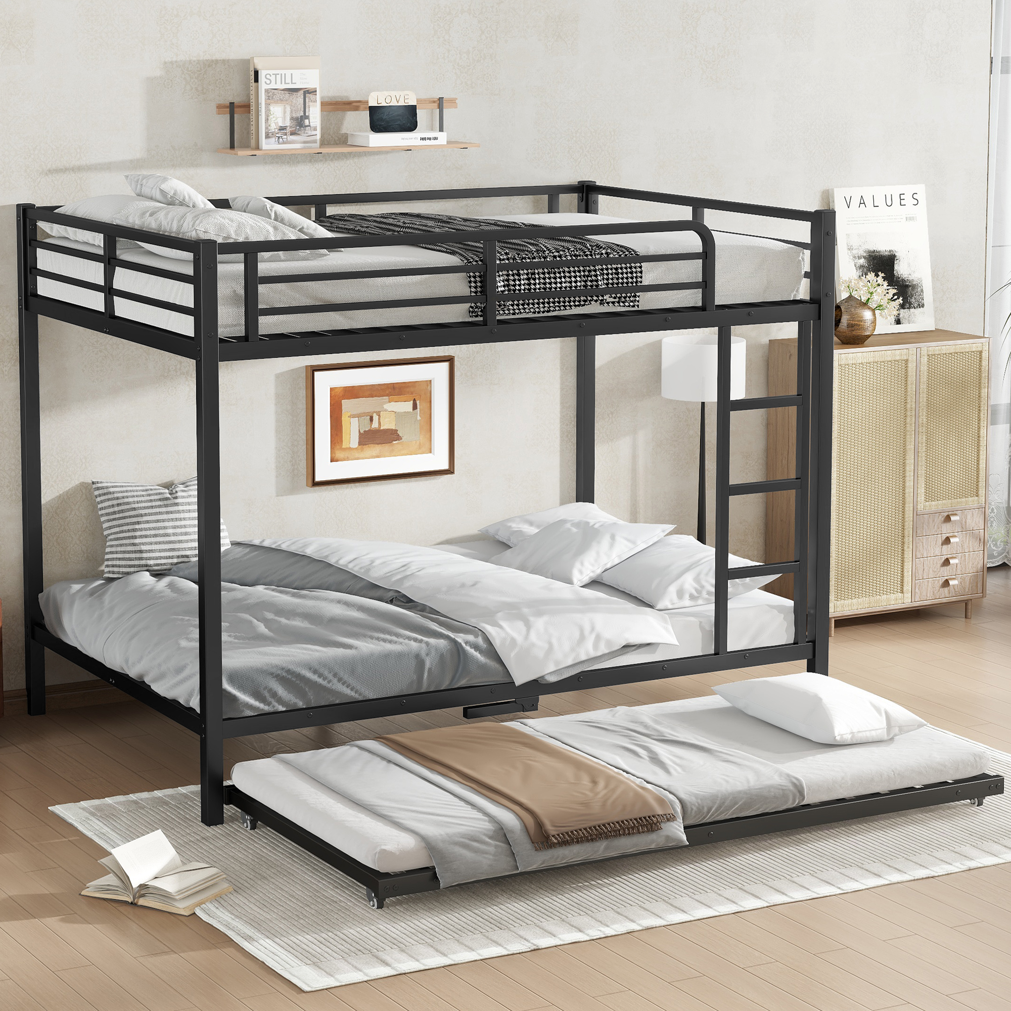 Full over Full Metal Bunk Bed with Twin Size Trundle, Black - Image 3