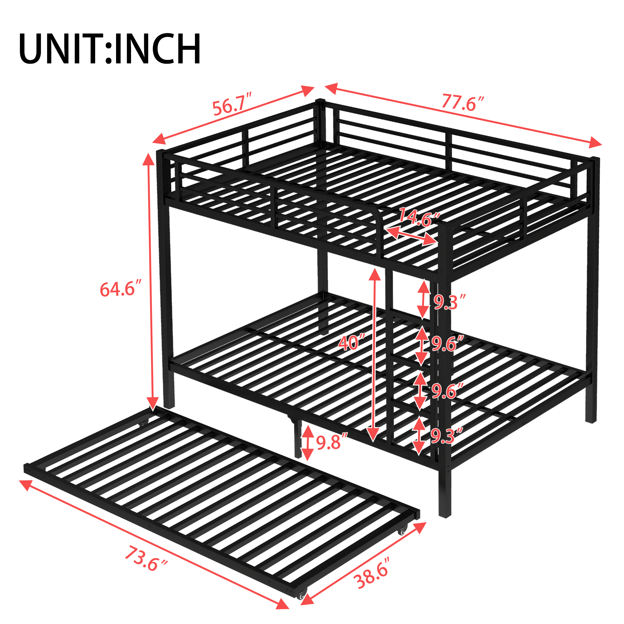 Full over Full Metal Bunk Bed with Twin Size Trundle, Black - Image 4