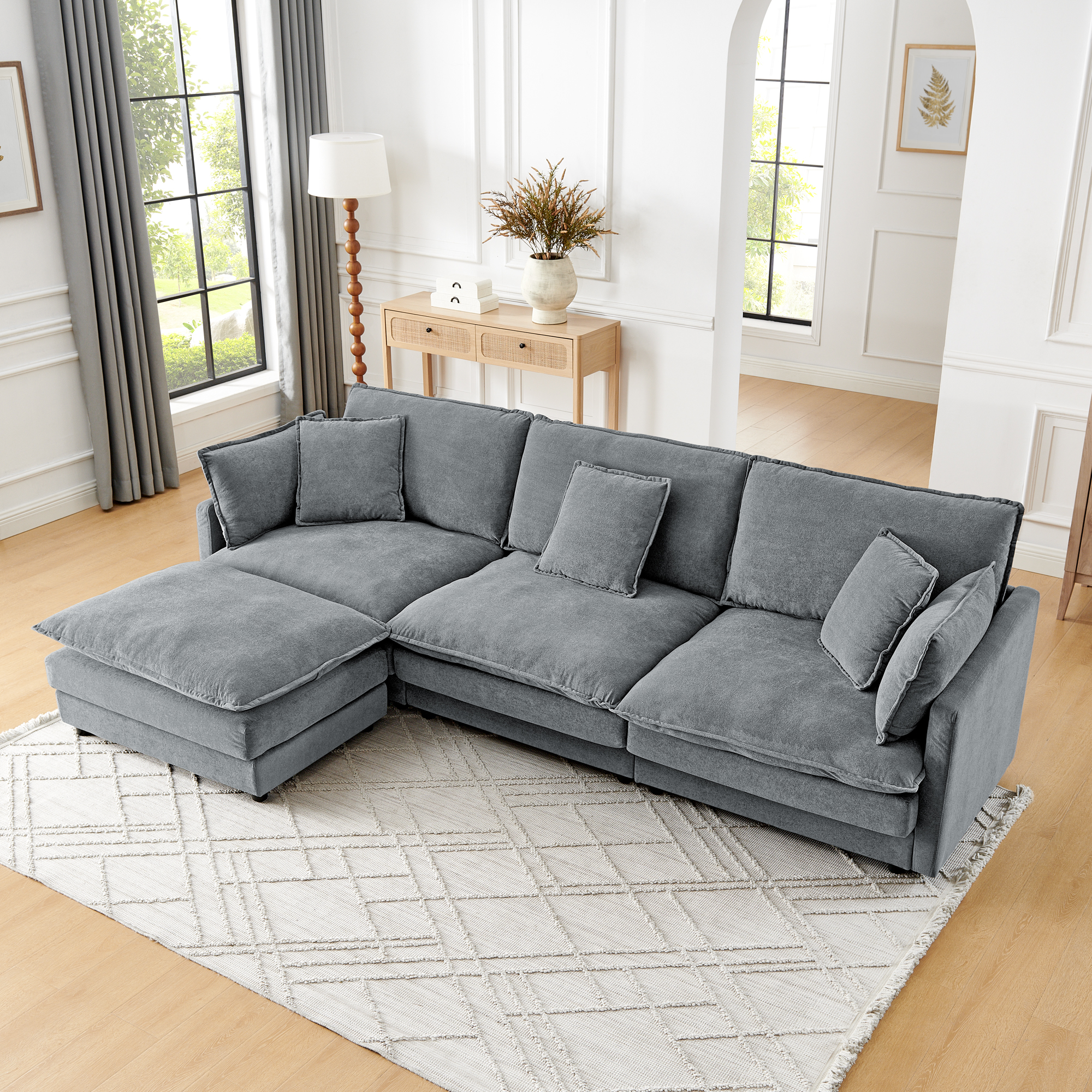 Modern Home Living Room L-Shaped Sectional Sofa Couches with Ottoman, Convertible Oversized 4 Seater Couch Towel Fabric, Grey - Image 2