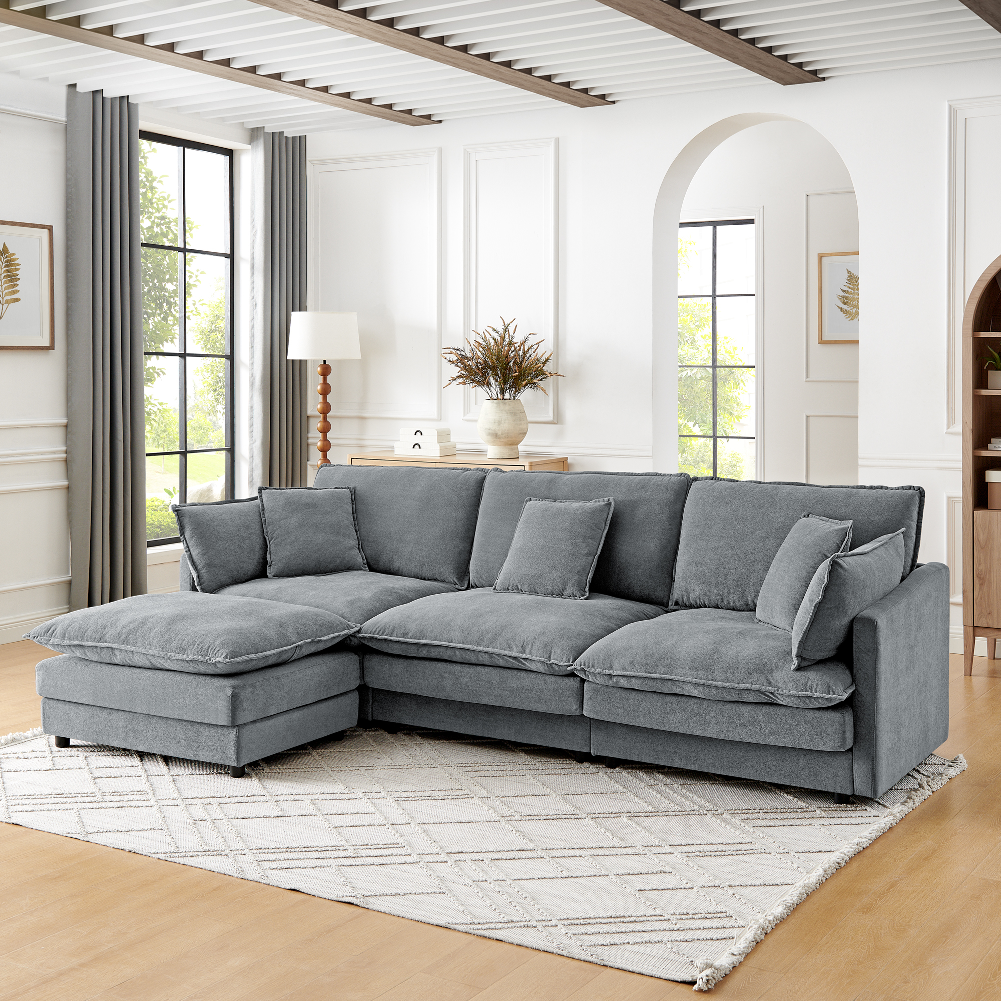 Modern Home Living Room L-Shaped Sectional Sofa Couches with Ottoman, Convertible Oversized 4 Seater Couch Towel Fabric, Grey - Image 3
