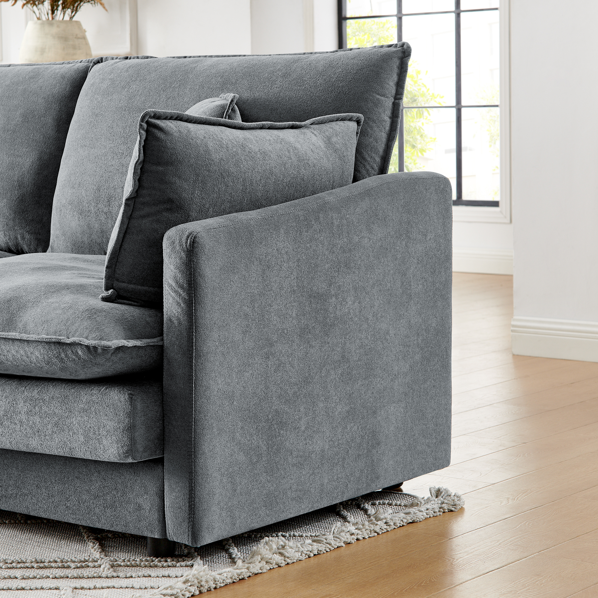 Modern Home Living Room L-Shaped Sectional Sofa Couches with Ottoman, Convertible Oversized 4 Seater Couch Towel Fabric, Grey - Image 6