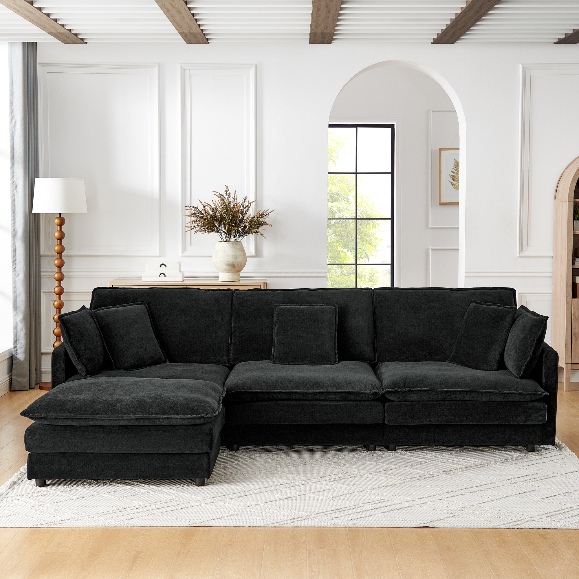 Modern Home Living Room L-Shaped Sectional Sofa Couches with Ottoman, Convertible Oversized 4 Seater Couch Towel Fabric, Black - Image 1