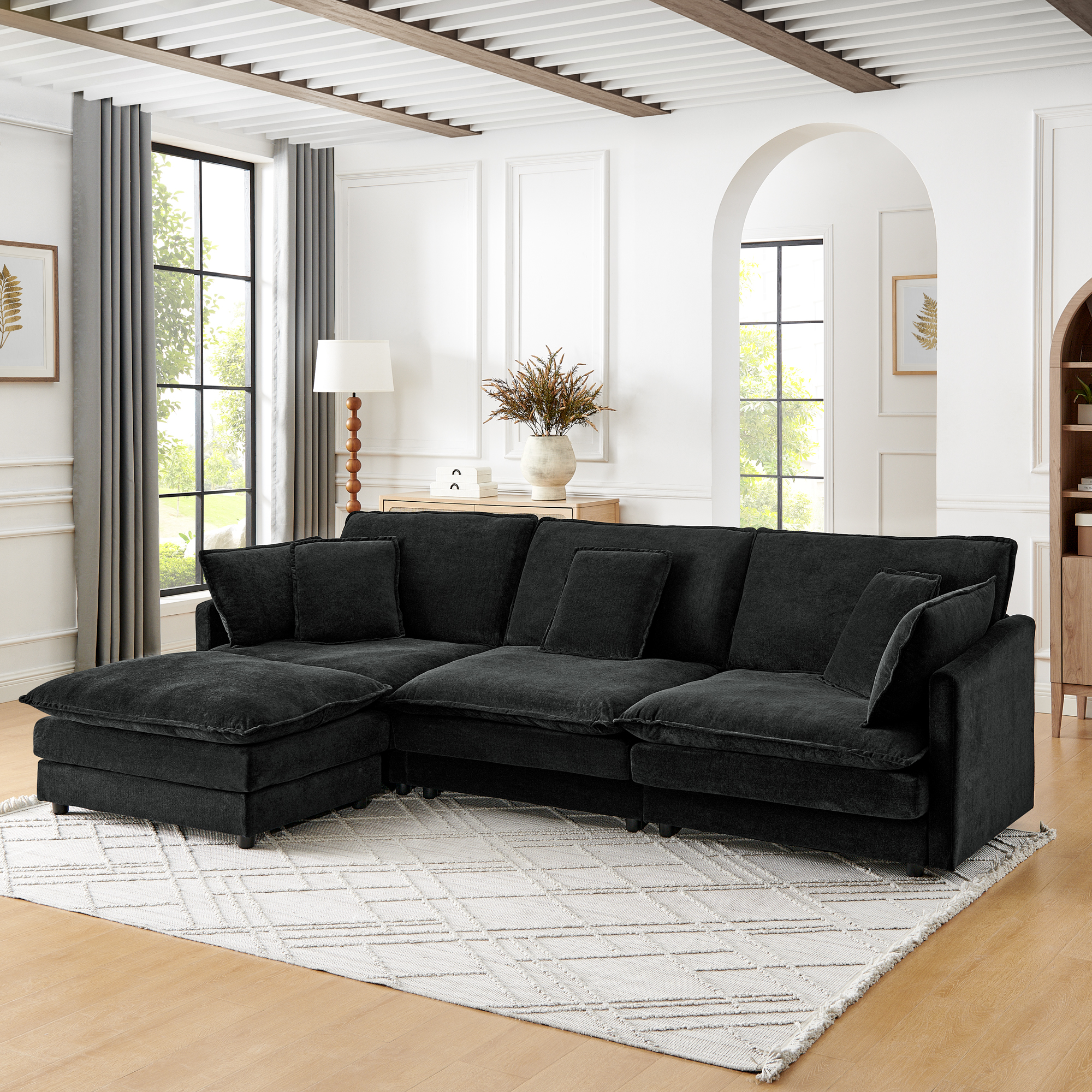 Modern Home Living Room L-Shaped Sectional Sofa Couches with Ottoman, Convertible Oversized 4 Seater Couch Towel Fabric, Black - Image 2