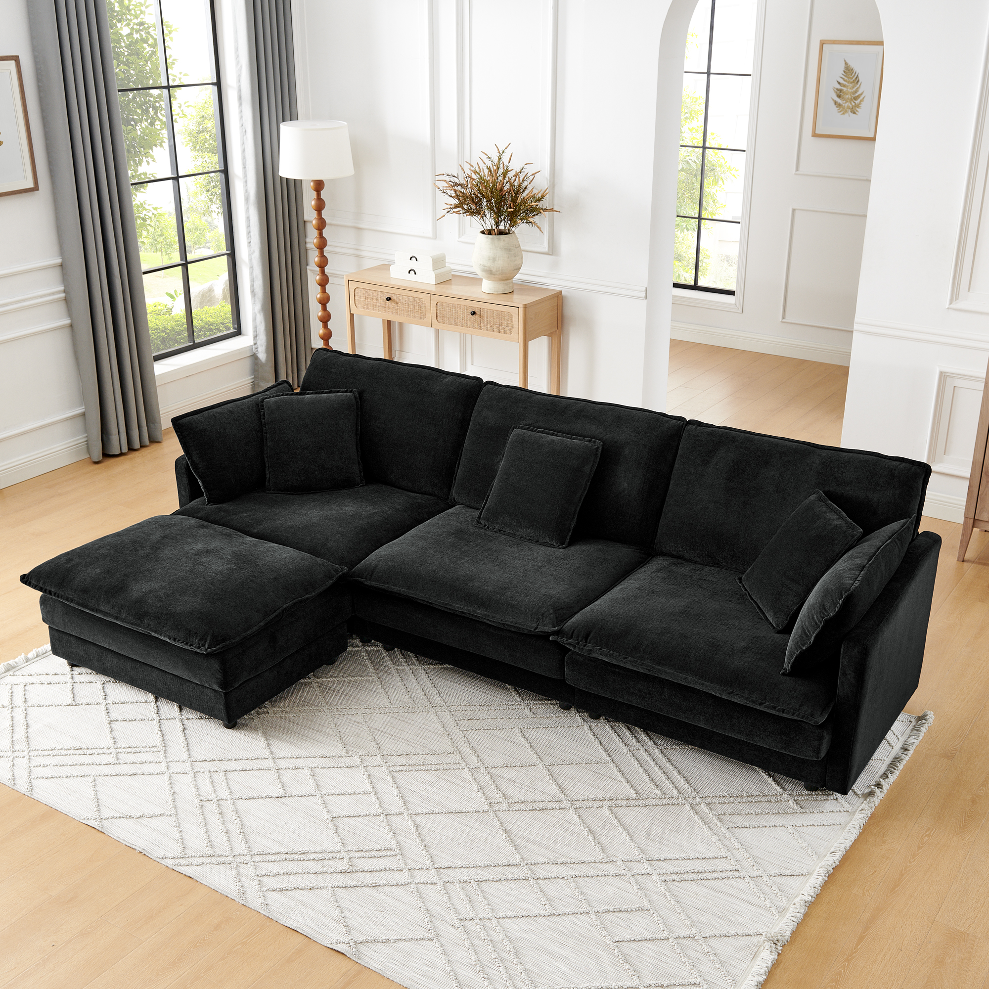 Modern Home Living Room L-Shaped Sectional Sofa Couches with Ottoman, Convertible Oversized 4 Seater Couch Towel Fabric, Black - Image 3