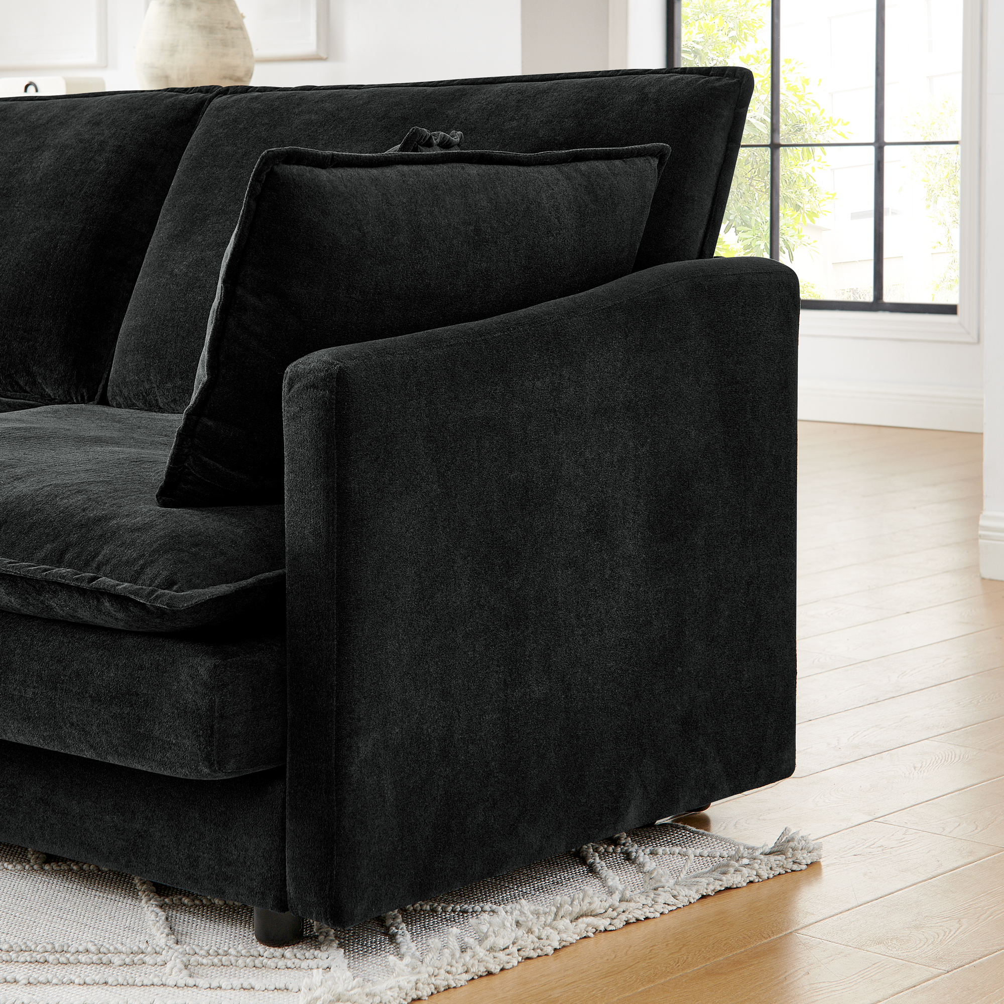 Modern Home Living Room L-Shaped Sectional Sofa Couches with Ottoman, Convertible Oversized 4 Seater Couch Towel Fabric, Black - Image 4