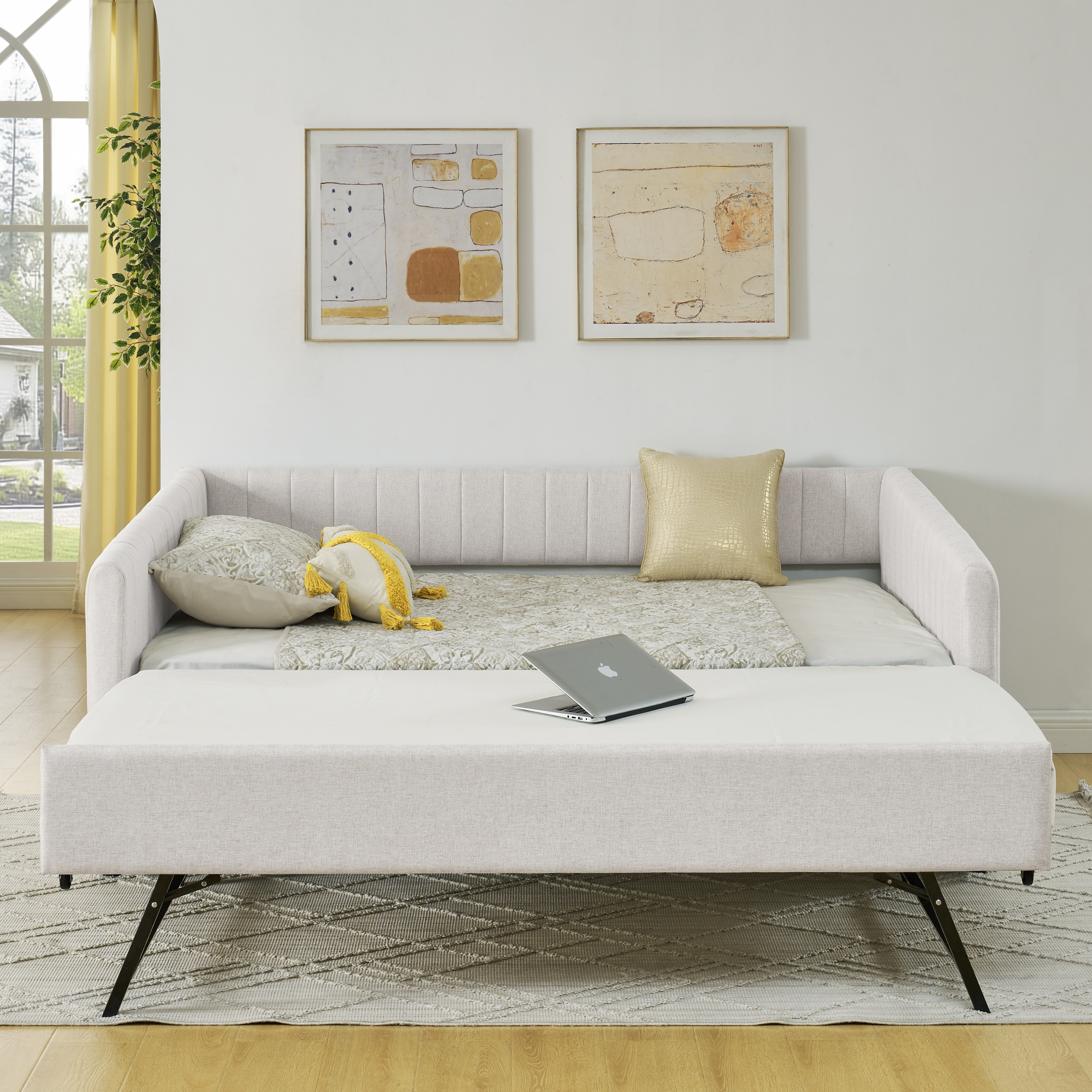 Full Size Daybed with Trundle Upholstered Sofa Bed, with Vertical Stripes, Linen Fabric, Beige (82.5"x58"x30") - Image 2