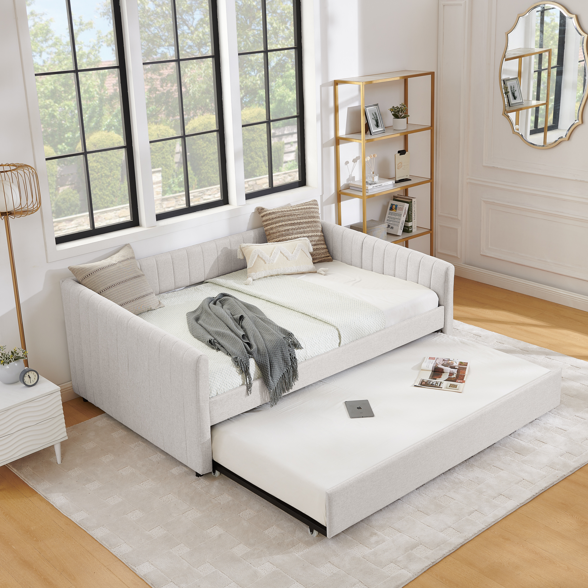 Full Size Daybed with Trundle Upholstered Sofa Bed, with Vertical Stripes, Linen Fabric, Beige (82.5"x58"x30") - Image 3