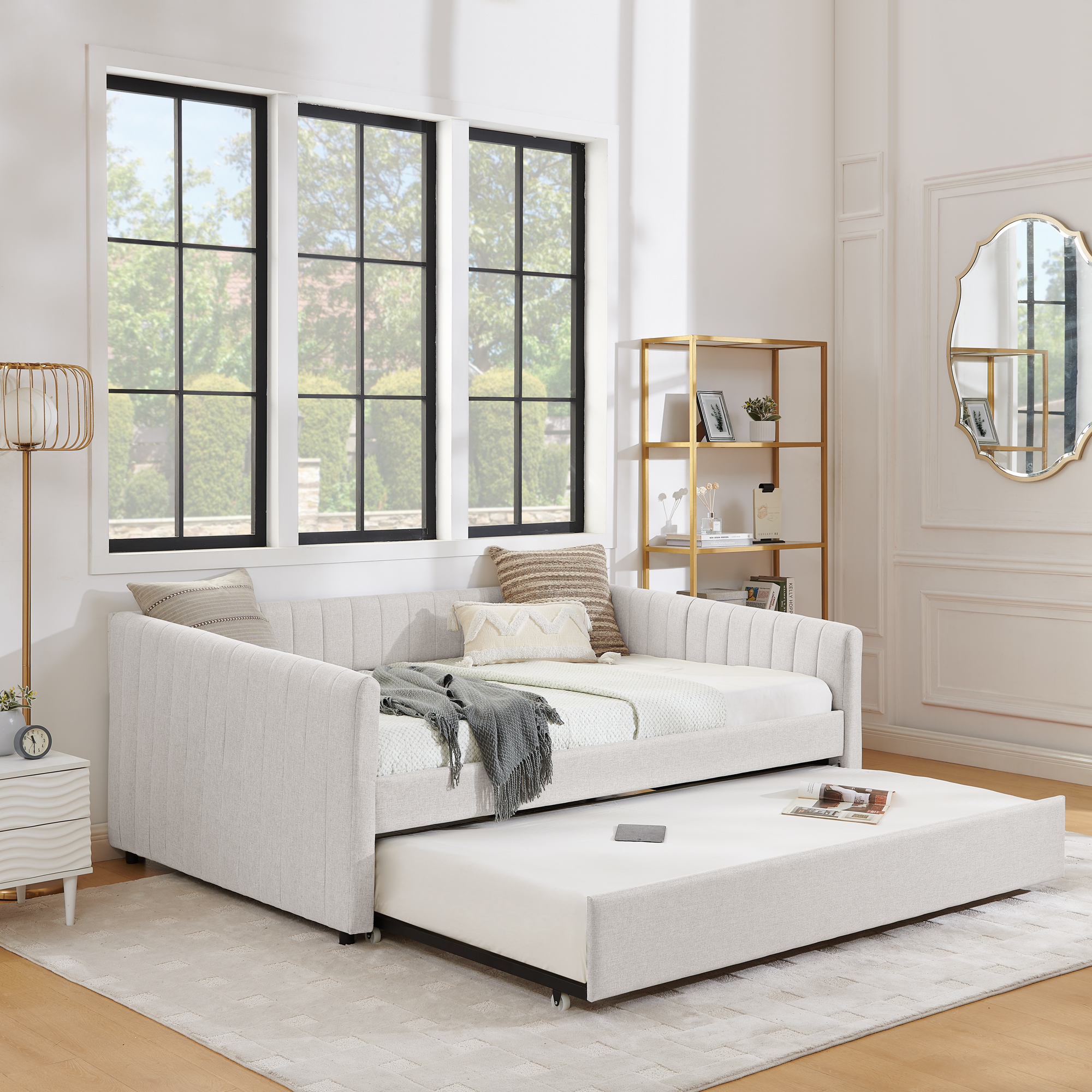 Full Size Daybed with Trundle Upholstered Sofa Bed, with Vertical Stripes, Linen Fabric, Beige (82.5"x58"x30") - Image 4