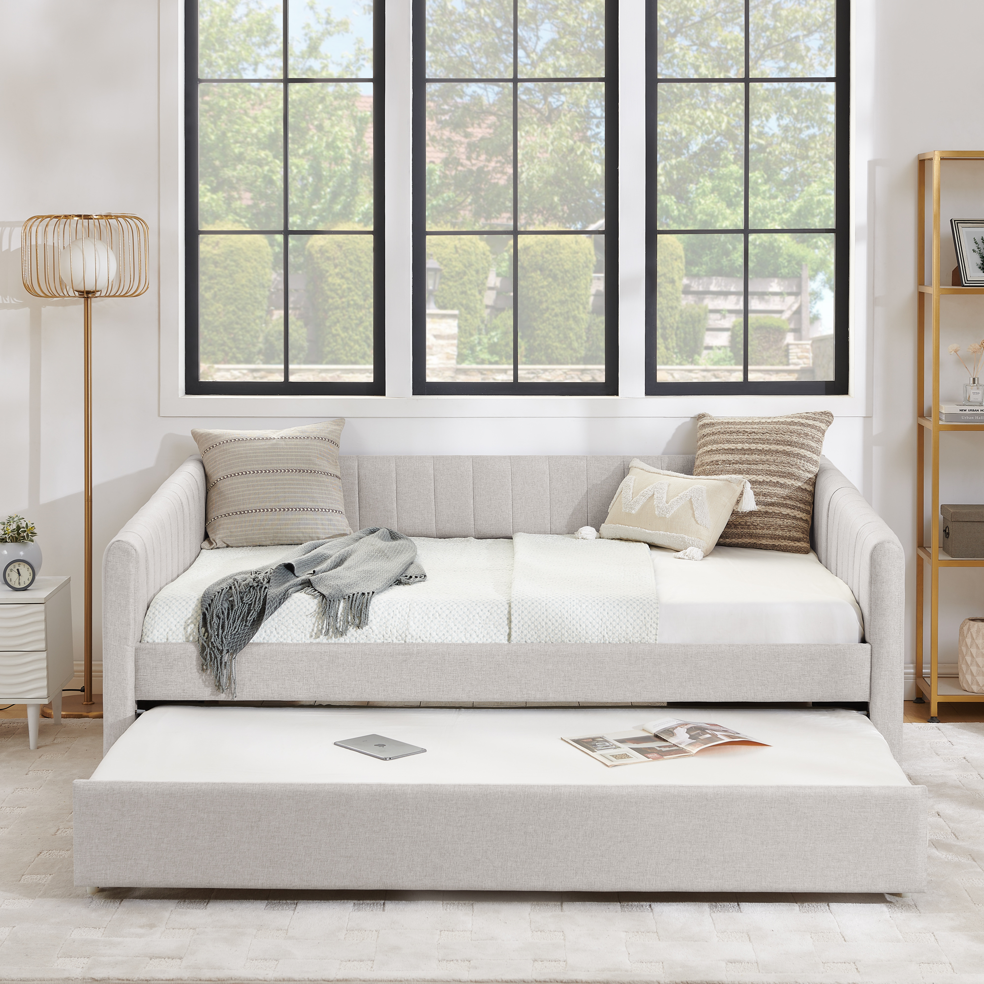 Full Size Daybed with Trundle Upholstered Sofa Bed, with Vertical Stripes, Linen Fabric, Beige (82.5"x58"x30") - Image 5