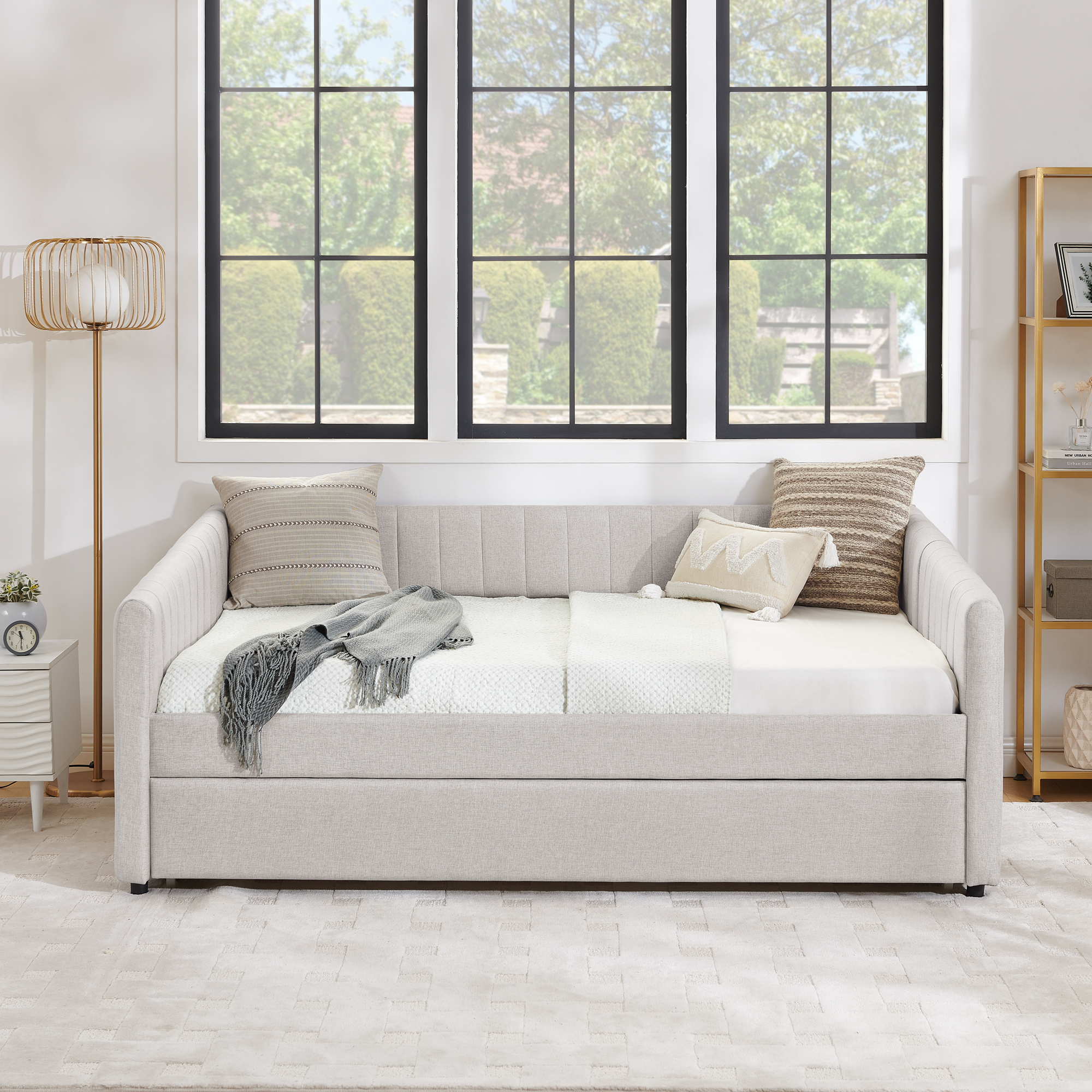 Full Size Daybed with Trundle Upholstered Sofa Bed, with Vertical Stripes, Linen Fabric, Beige (82.5"x58"x30") - Image 6