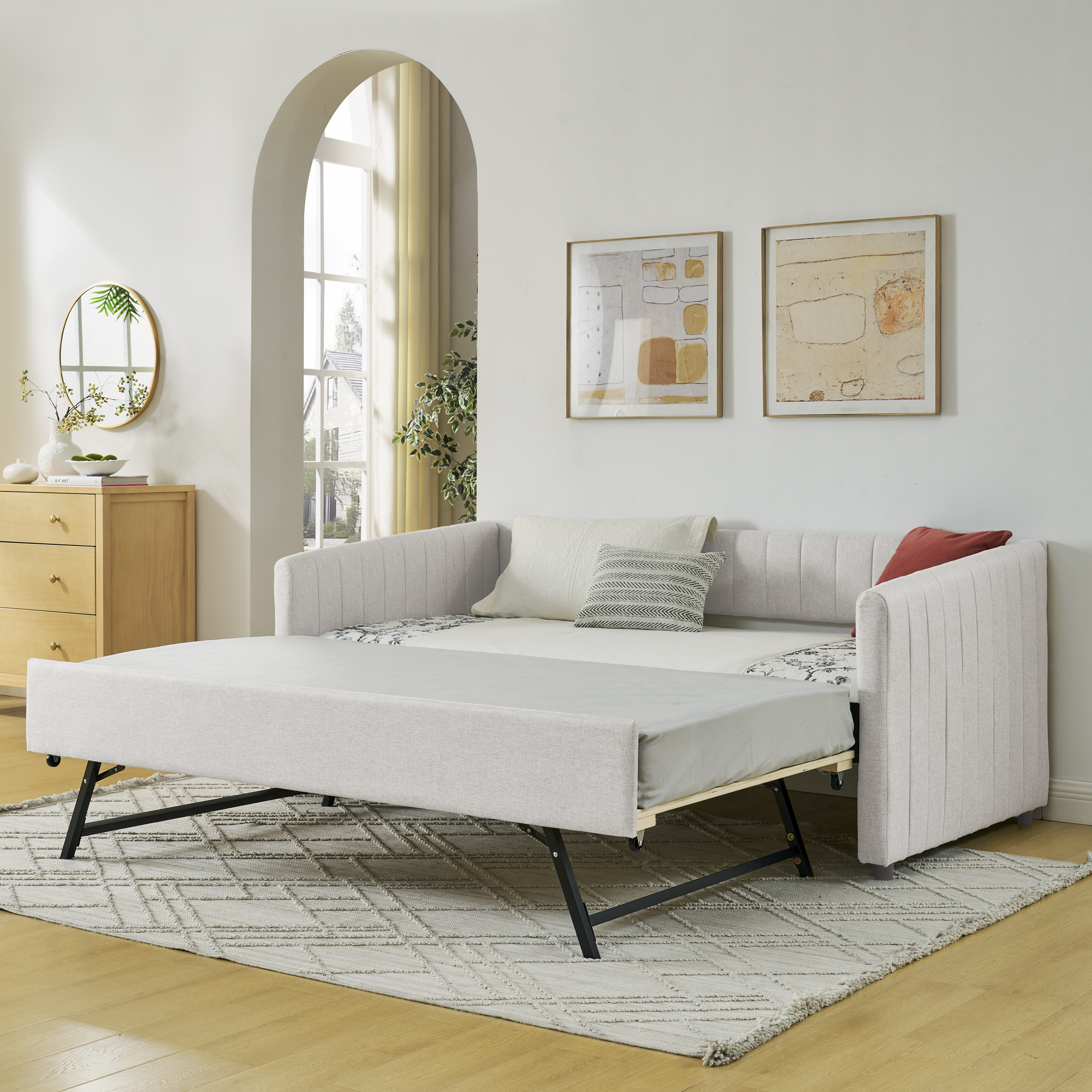 Twin Size Daybed with Trundle Upholstered Sofa Bed, with Vertical Stripes, Linen Fabric, Beige (82.5″x43″x30″)