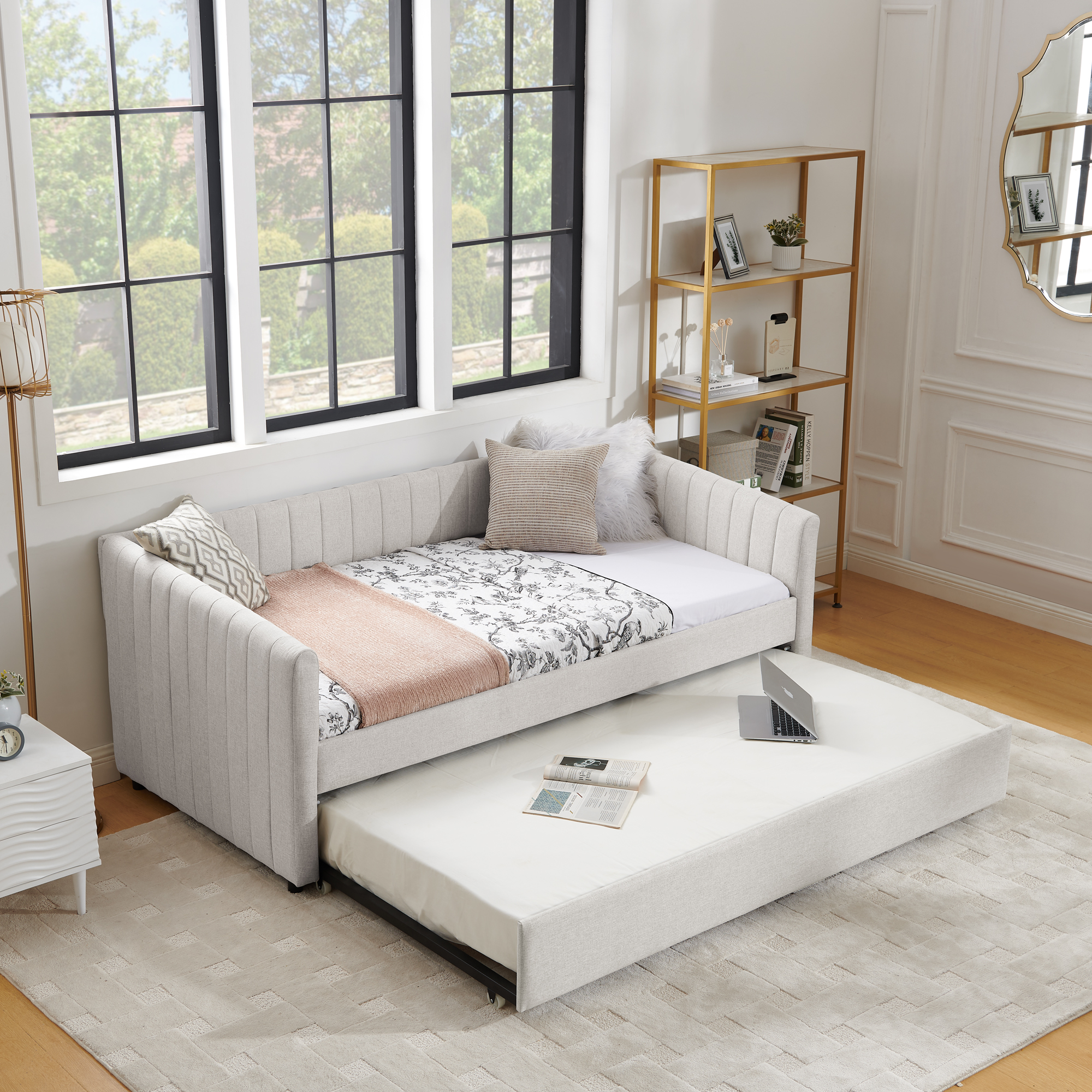 Twin Size Daybed with Trundle Upholstered Sofa Bed, with Vertical Stripes, Linen Fabric, Beige (82.5"x43"x30") - Image 2