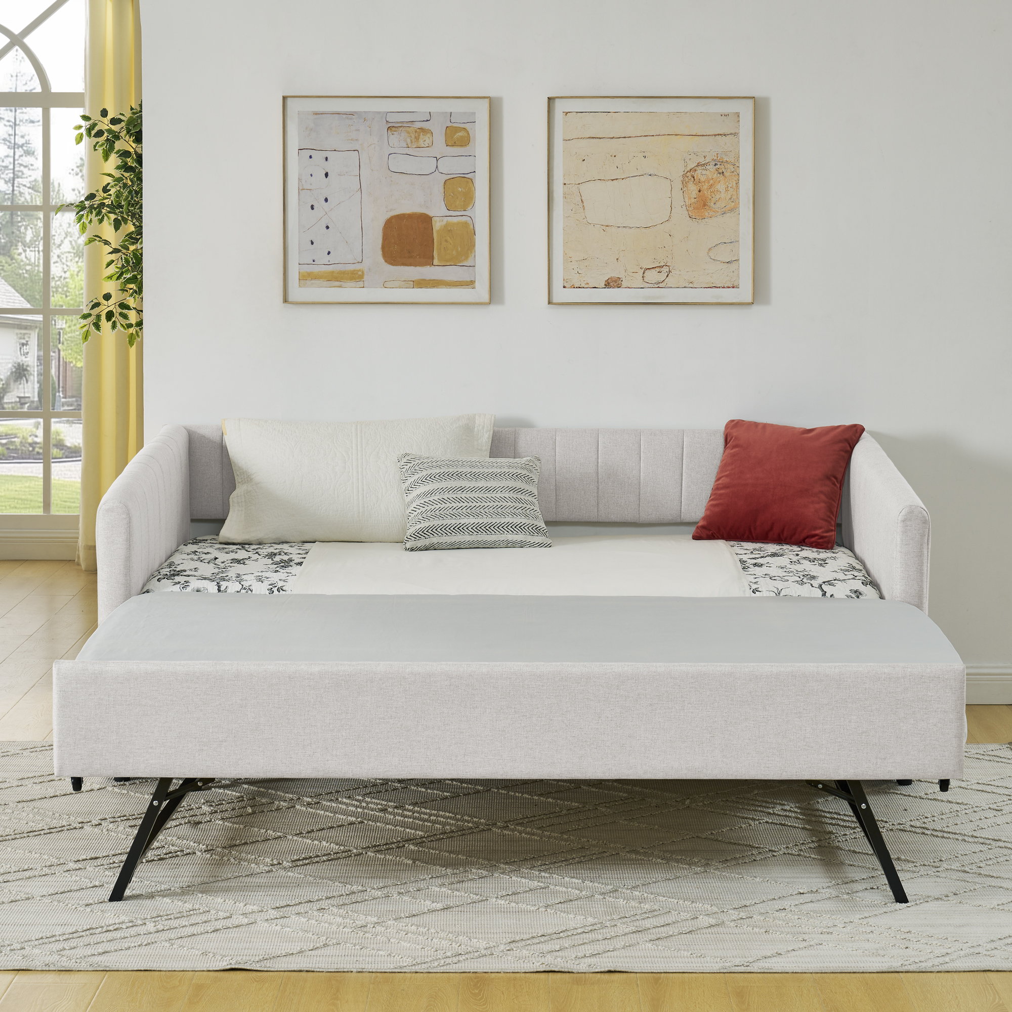Twin Size Daybed with Trundle Upholstered Sofa Bed, with Vertical Stripes, Linen Fabric, Beige (82.5"x43"x30") - Image 3