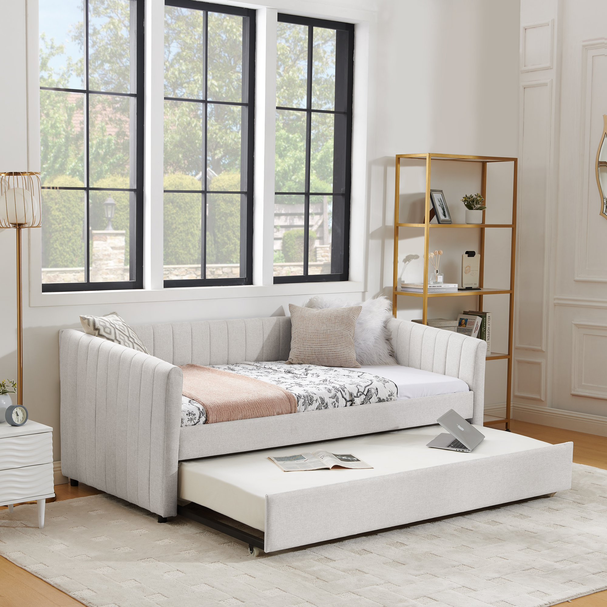 Twin Size Daybed with Trundle Upholstered Sofa Bed, with Vertical Stripes, Linen Fabric, Beige (82.5"x43"x30") - Image 4