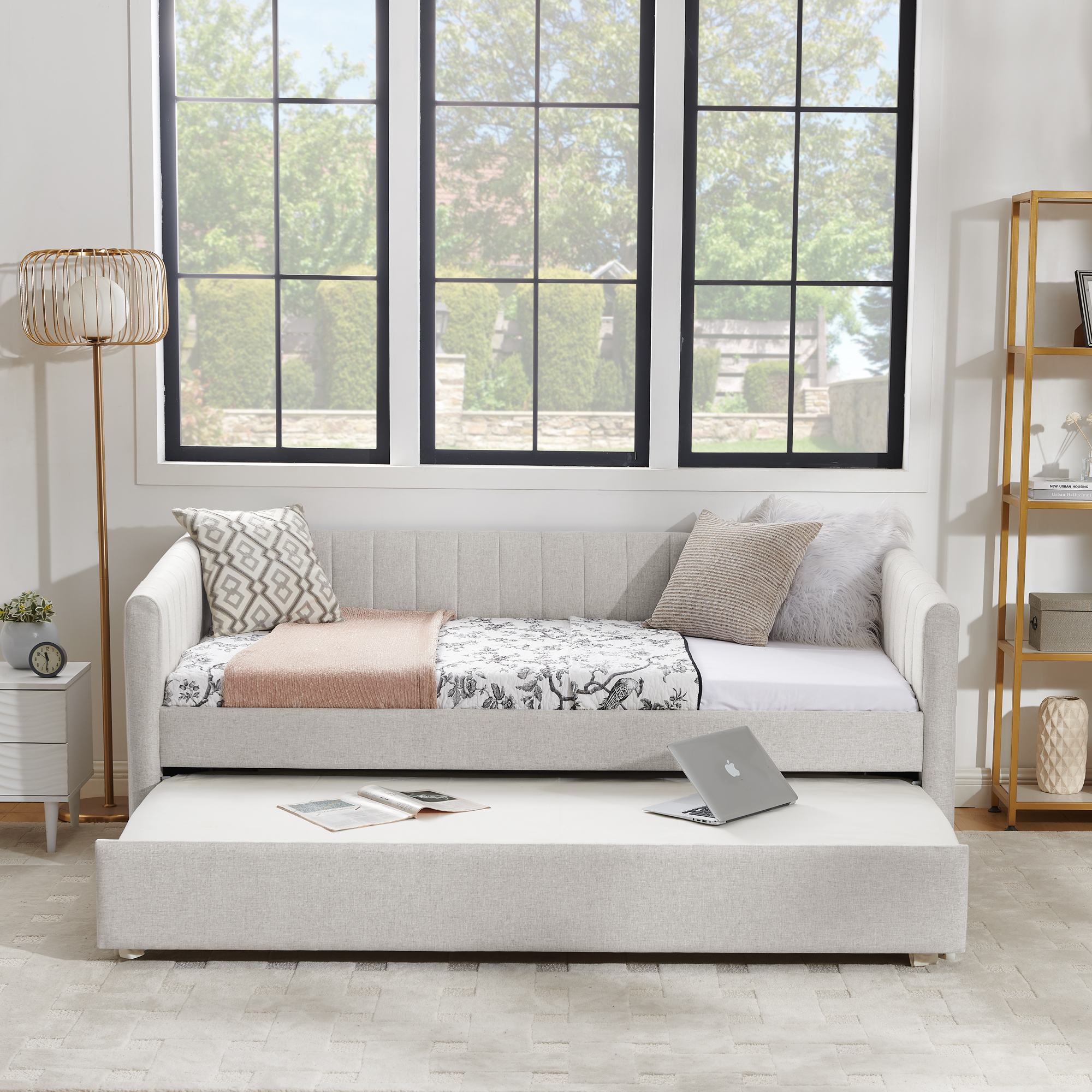 Twin Size Daybed with Trundle Upholstered Sofa Bed, with Vertical Stripes, Linen Fabric, Beige (82.5"x43"x30") - Image 5