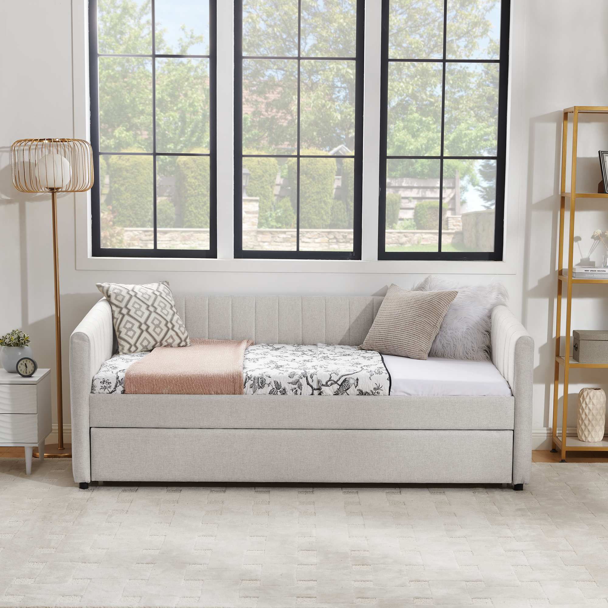 Twin Size Daybed with Trundle Upholstered Sofa Bed, with Vertical Stripes, Linen Fabric, Beige (82.5"x43"x30") - Image 6