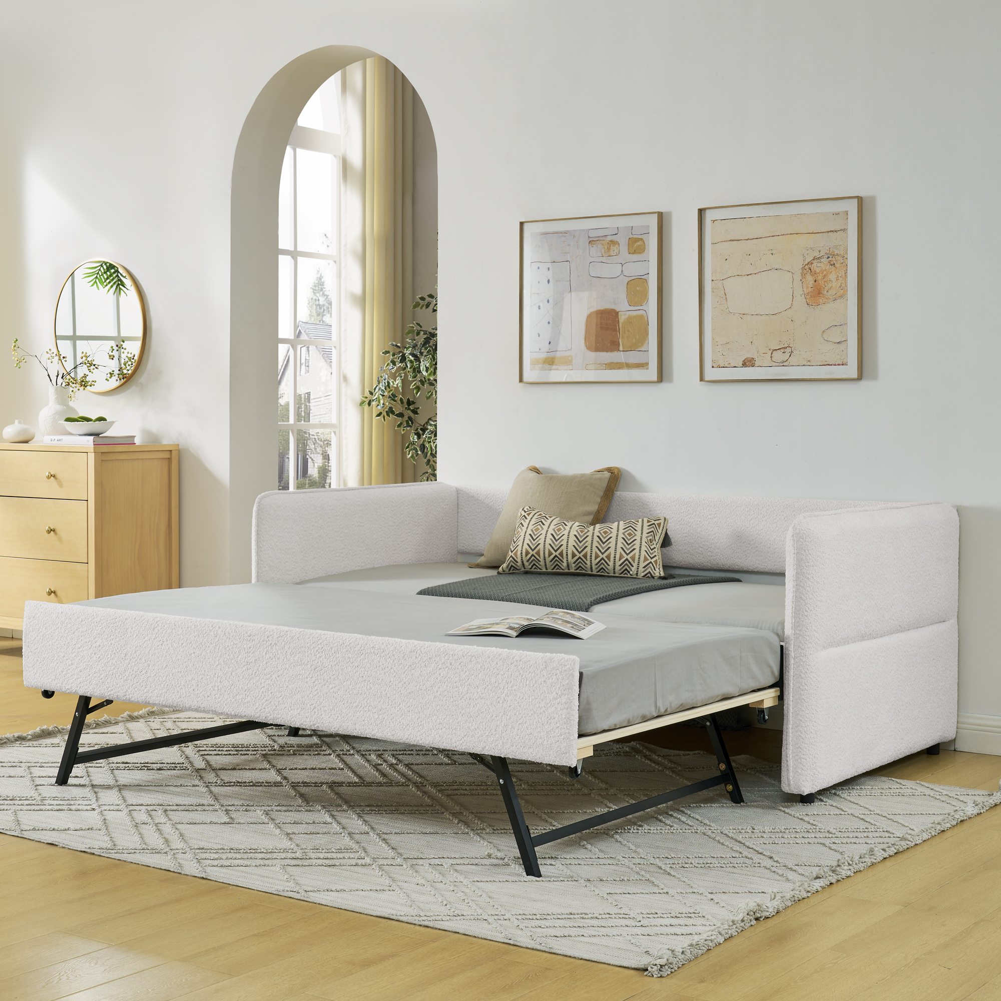 Daybed with Trundle Upholstered Tufted Sofa Bed, Twin Size, Boucle Fabric, Beige (83″x43″x29.5″)