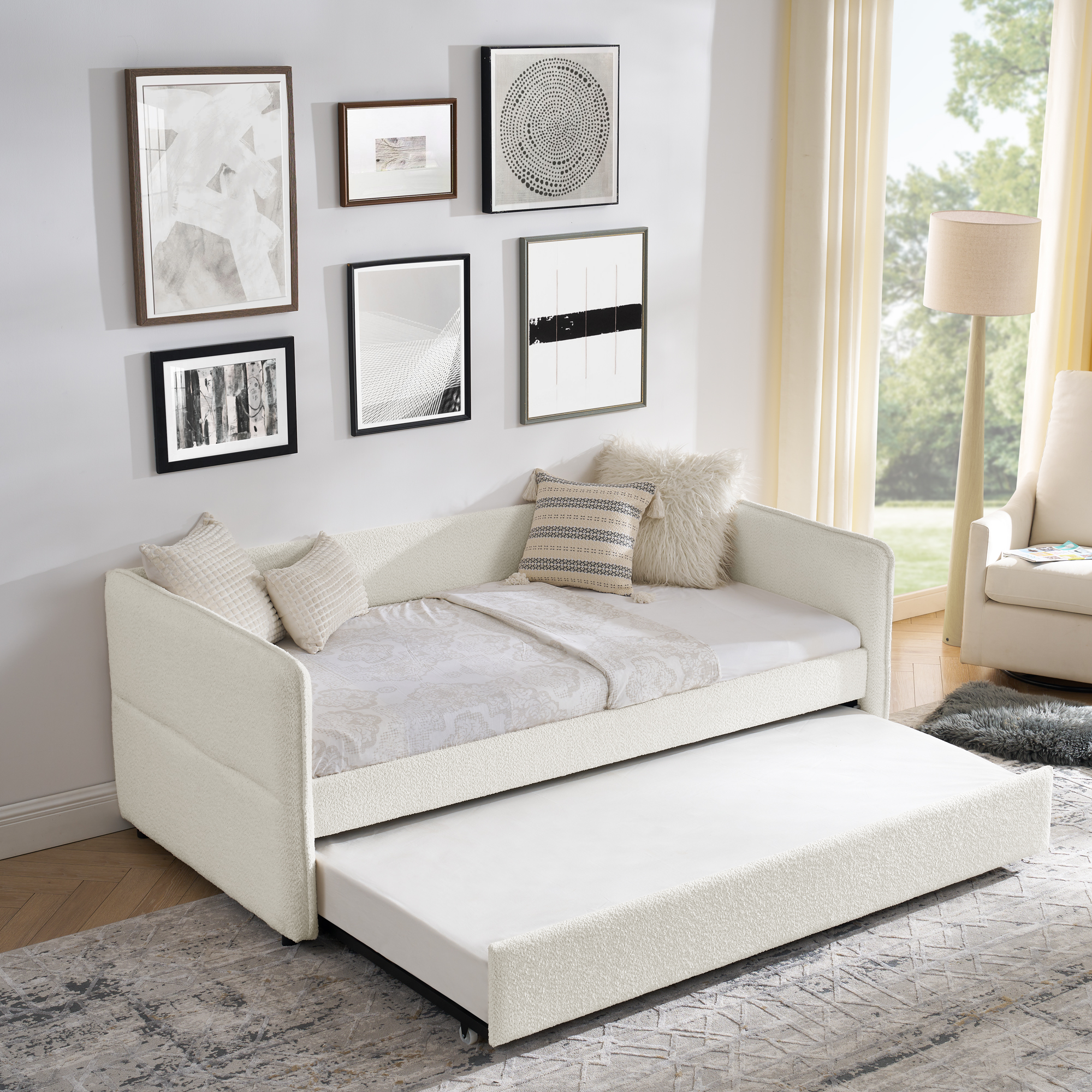 Daybed with Trundle Upholstered Tufted Sofa Bed, Twin Size, Boucle Fabric, Beige (83"x43"x29.5") - Image 2