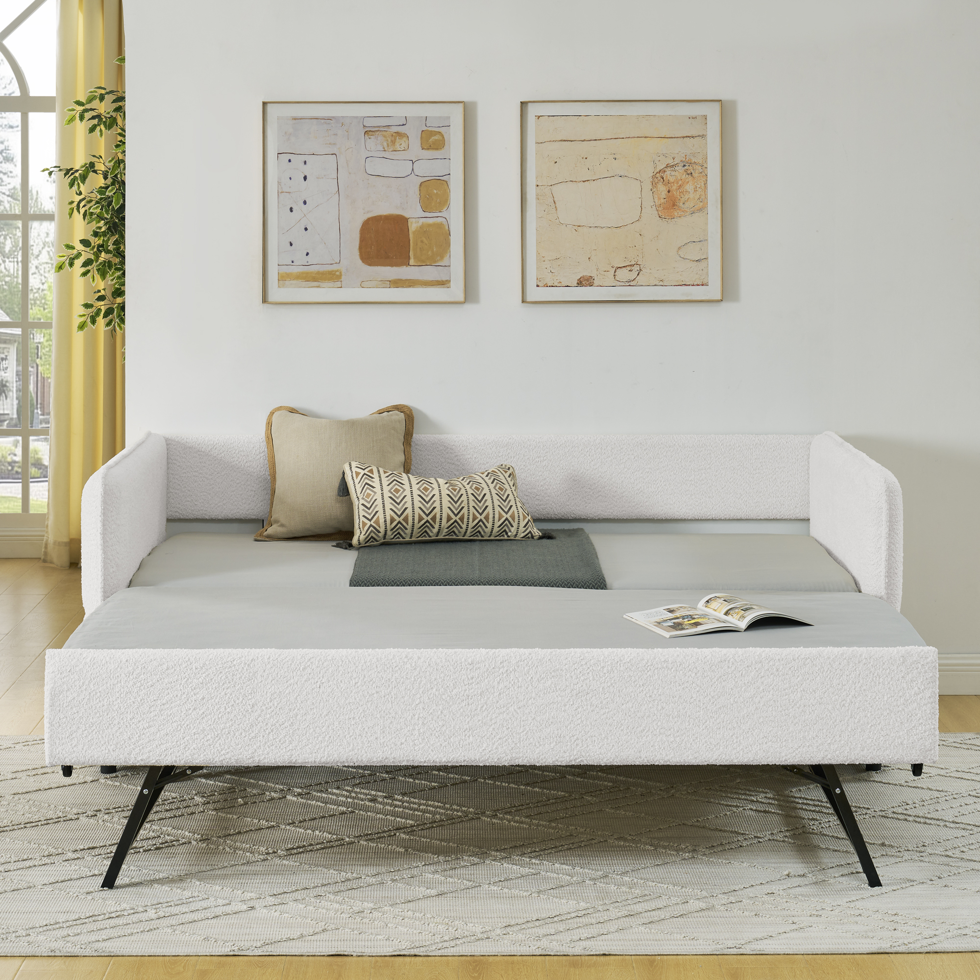 Daybed with Trundle Upholstered Tufted Sofa Bed, Twin Size, Boucle Fabric, Beige (83"x43"x29.5") - Image 3