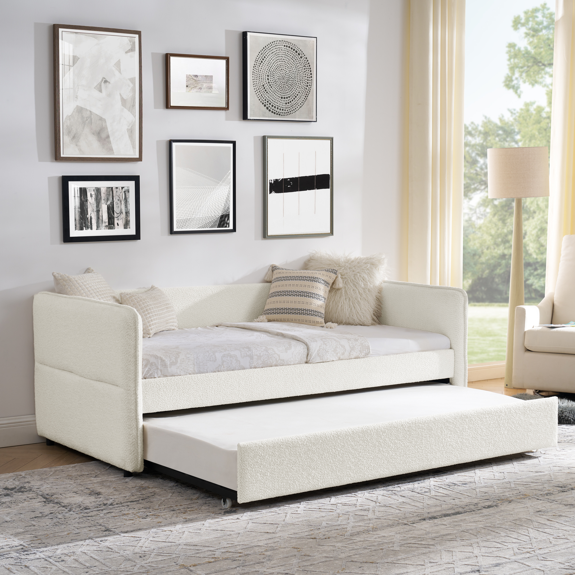 Daybed with Trundle Upholstered Tufted Sofa Bed, Twin Size, Boucle Fabric, Beige (83"x43"x29.5") - Image 4