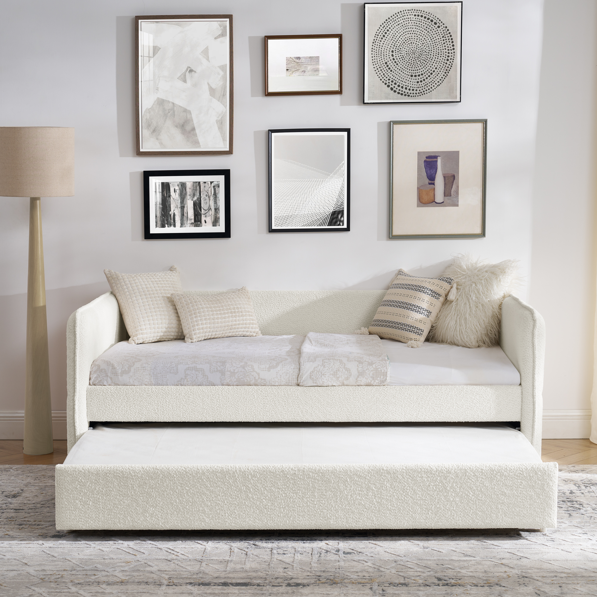 Daybed with Trundle Upholstered Tufted Sofa Bed, Twin Size, Boucle Fabric, Beige (83"x43"x29.5") - Image 5