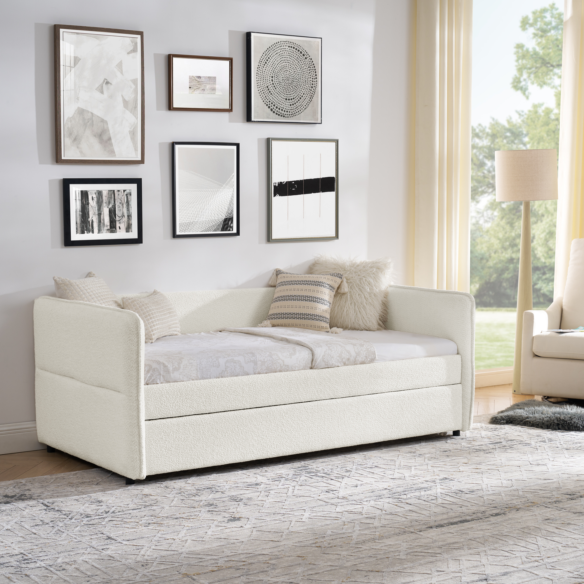 Daybed with Trundle Upholstered Tufted Sofa Bed, Twin Size, Boucle Fabric, Beige (83"x43"x29.5") - Image 6