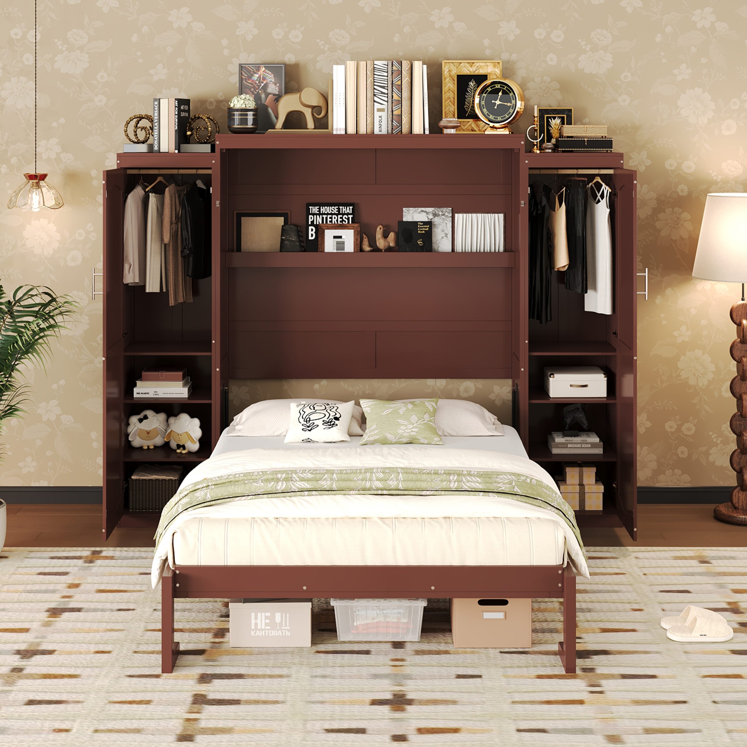 Full Size Murphy Bed, Wooden Full Wall Bed with 2 Wardrobe and Storage Shelf, Multifunctional Foldable Platform Bedframe for Guest-Room, Bedroom, Walnut - Image 2