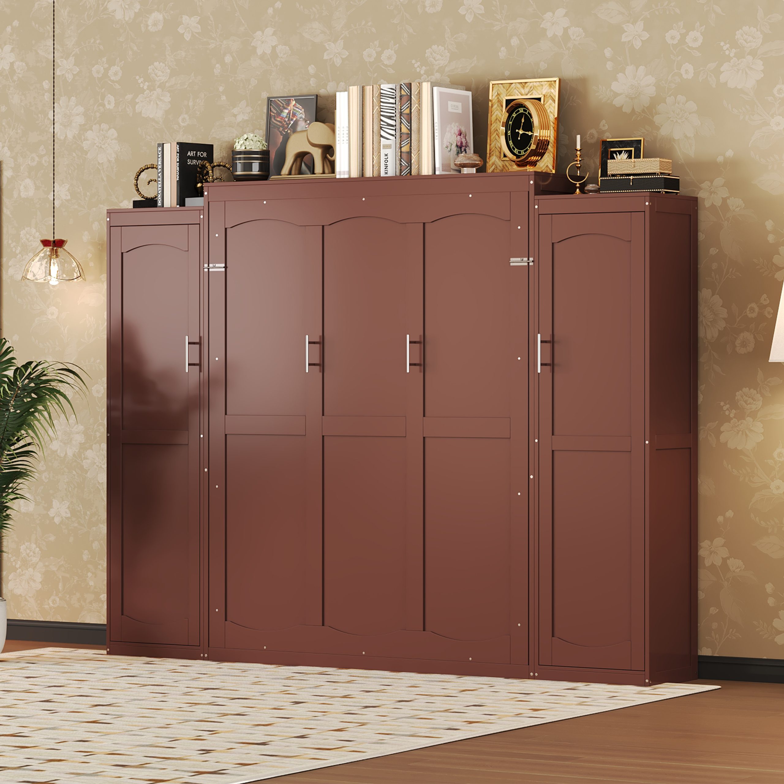 Full Size Murphy Bed, Wooden Full Wall Bed with 2 Wardrobe and Storage Shelf, Multifunctional Foldable Platform Bedframe for Guest-Room, Bedroom, Walnut - Image 3