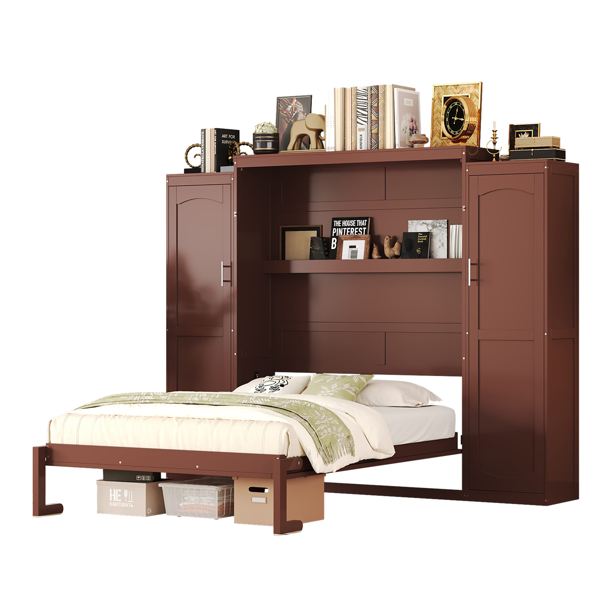 Full Size Murphy Bed, Wooden Full Wall Bed with 2 Wardrobe and Storage Shelf, Multifunctional Foldable Platform Bedframe for Guest-Room, Bedroom, Walnut - Image 4