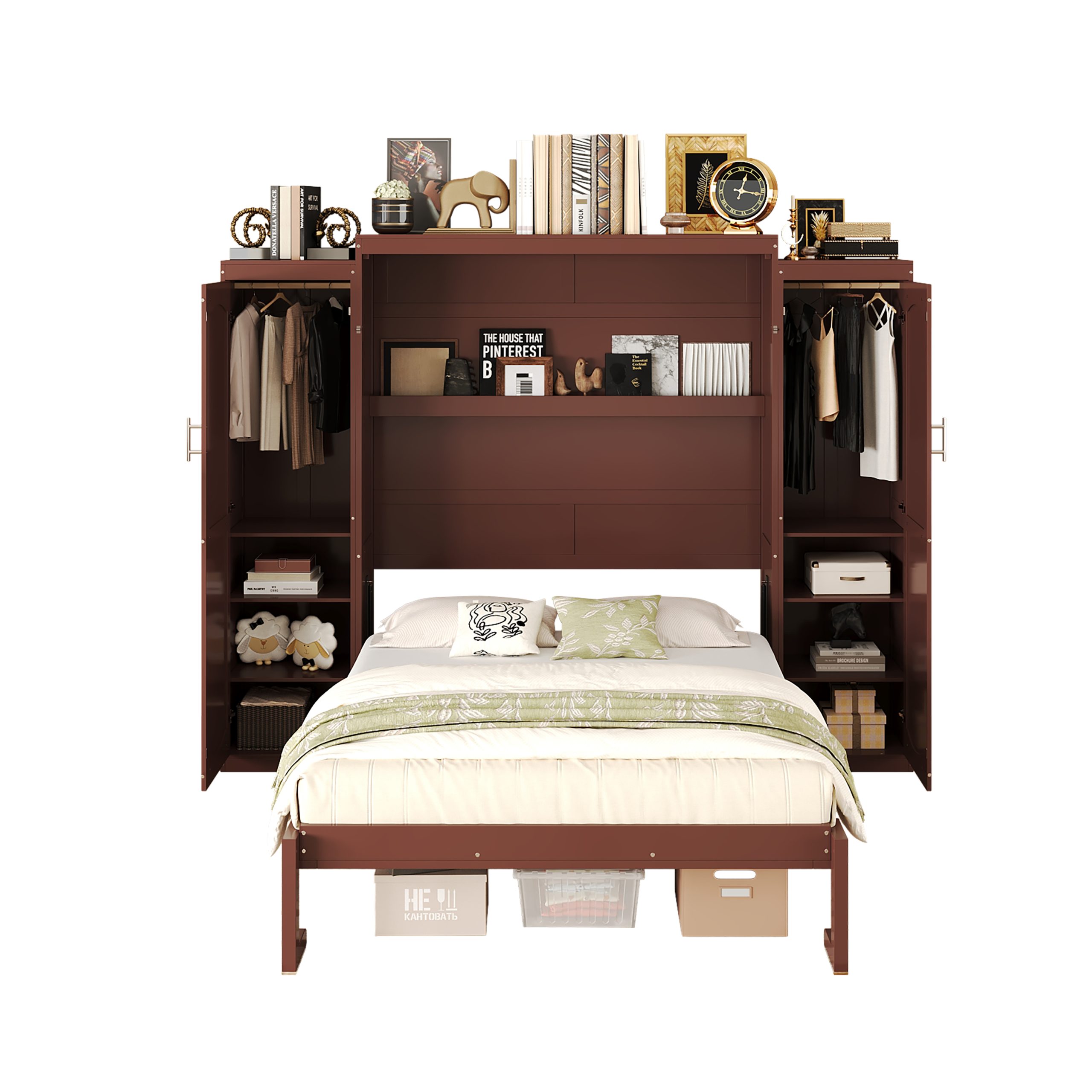Full Size Murphy Bed, Wooden Full Wall Bed with 2 Wardrobe and Storage Shelf, Multifunctional Foldable Platform Bedframe for Guest-Room, Bedroom, Walnut - Image 5