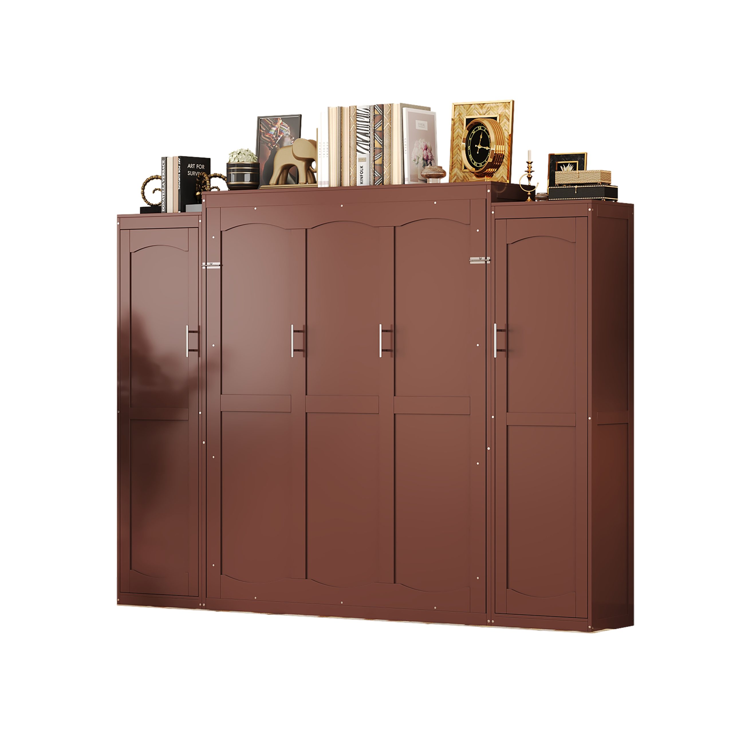 Full Size Murphy Bed, Wooden Full Wall Bed with 2 Wardrobe and Storage Shelf, Multifunctional Foldable Platform Bedframe for Guest-Room, Bedroom, Walnut - Image 6