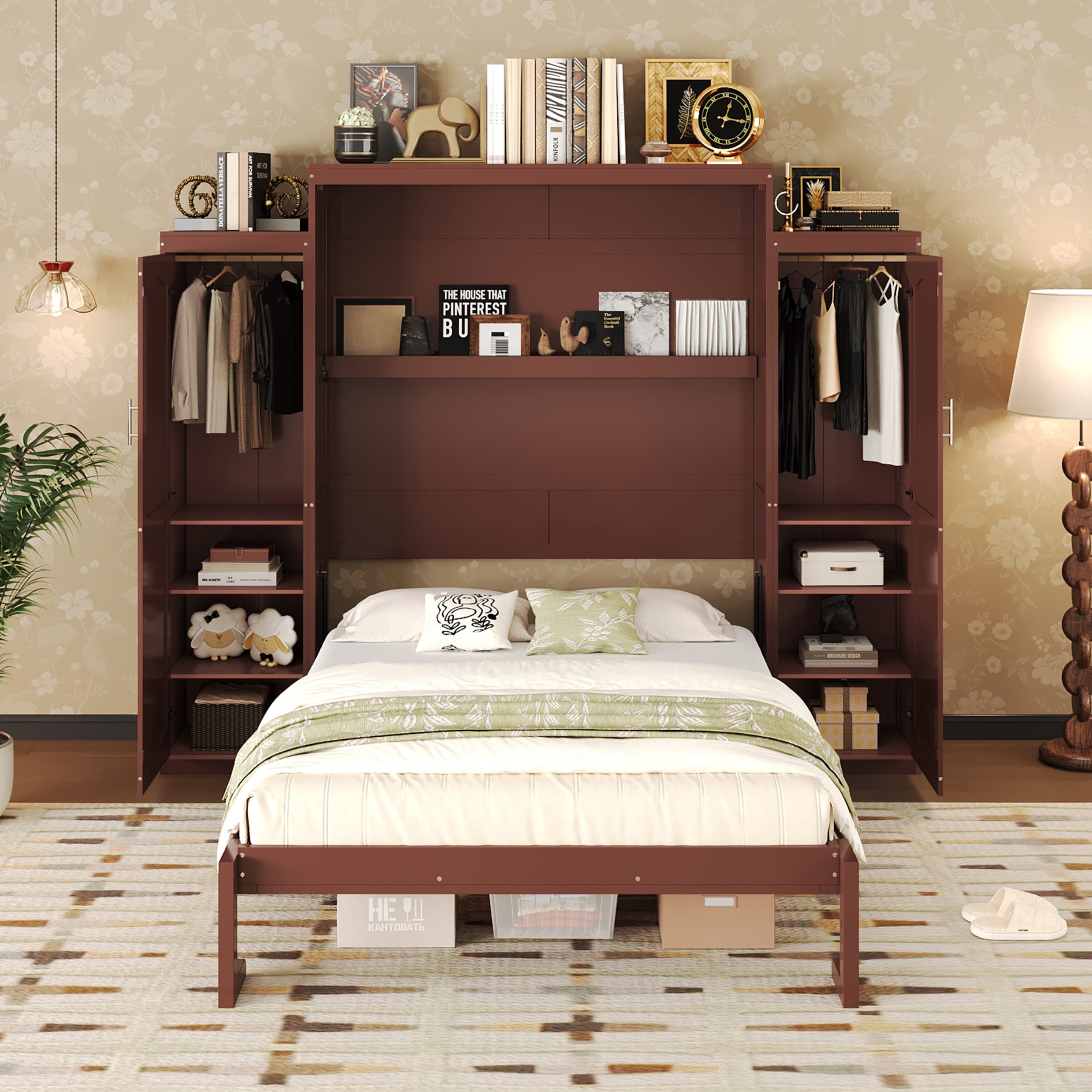 Queen Size Murphy Bed, Wooden Queen Wall Bed with 2 Wardrobe and Storage Shelf, Multifunctional Foldable Platform Bedframe for Guest-Room, Bedroom, Walnut - Image 2