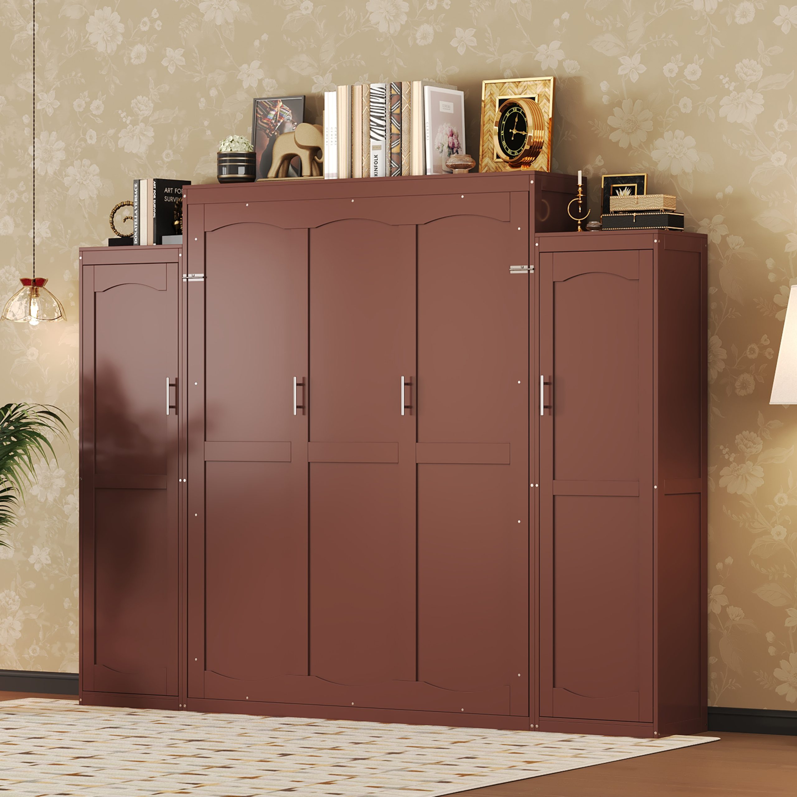 Queen Size Murphy Bed, Wooden Queen Wall Bed with 2 Wardrobe and Storage Shelf, Multifunctional Foldable Platform Bedframe for Guest-Room, Bedroom, Walnut - Image 3