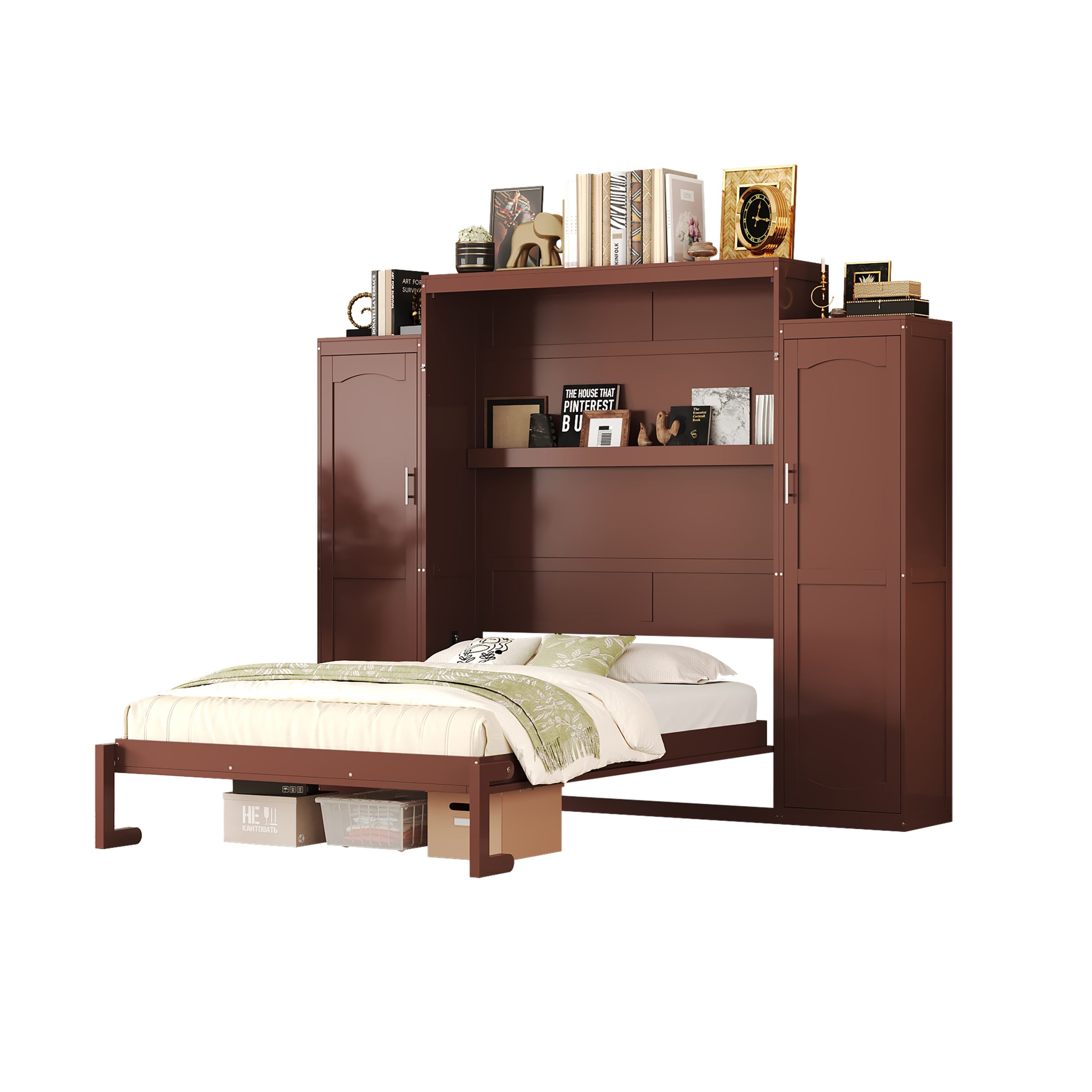 Queen Size Murphy Bed, Wooden Queen Wall Bed with 2 Wardrobe and Storage Shelf, Multifunctional Foldable Platform Bedframe for Guest-Room, Bedroom, Walnut - Image 4