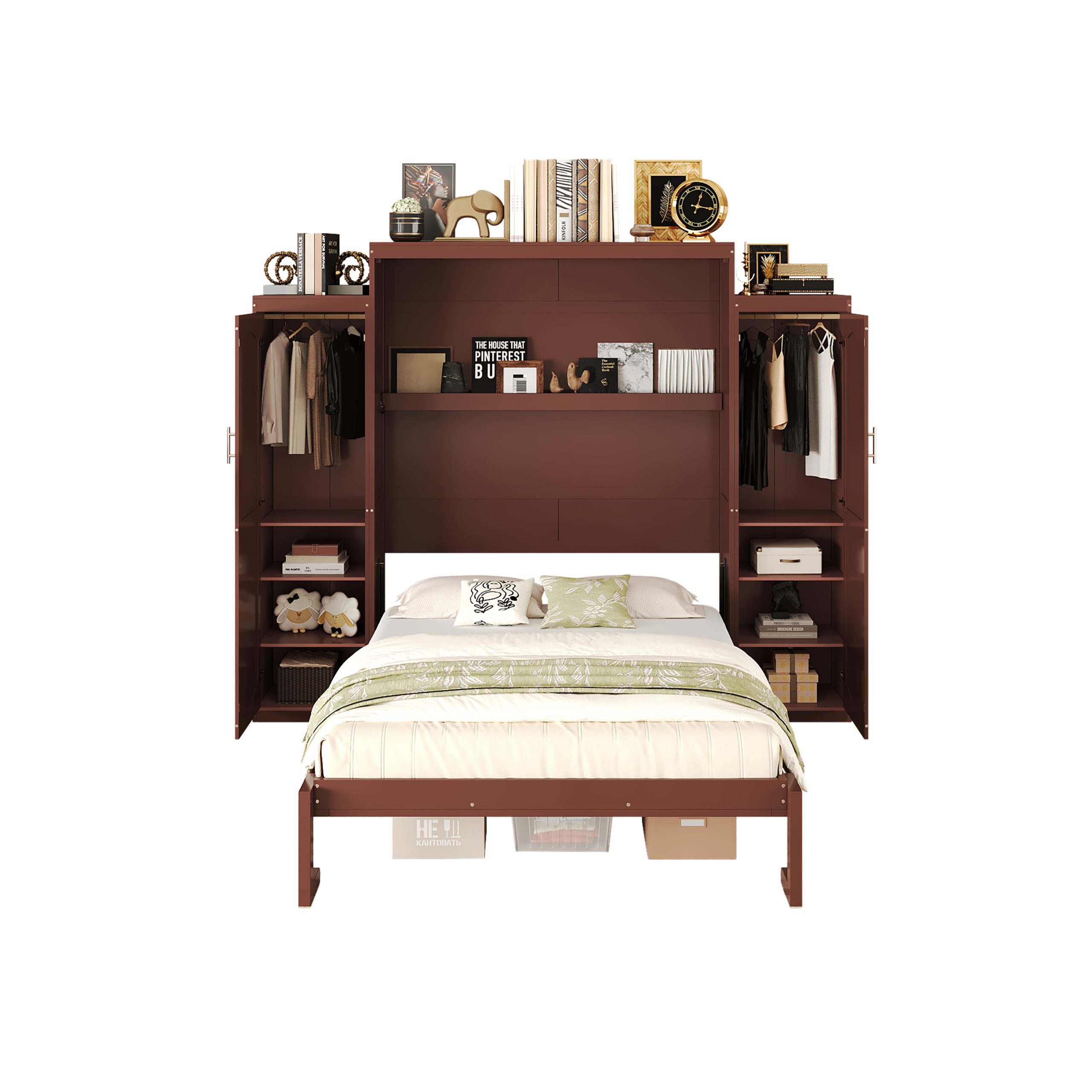 Queen Size Murphy Bed, Wooden Queen Wall Bed with 2 Wardrobe and Storage Shelf, Multifunctional Foldable Platform Bedframe for Guest-Room, Bedroom, Walnut - Image 5