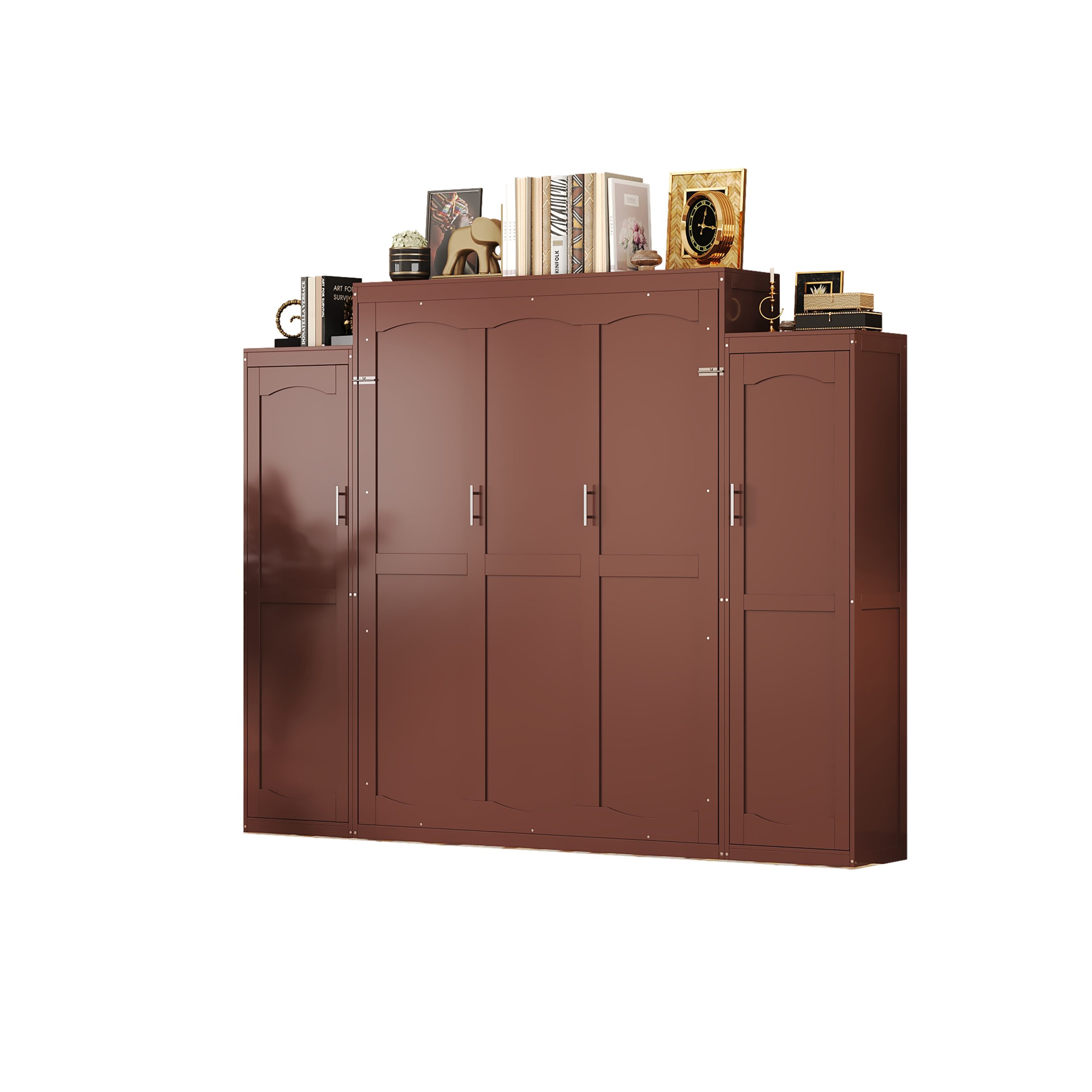 Queen Size Murphy Bed, Wooden Queen Wall Bed with 2 Wardrobe and Storage Shelf, Multifunctional Foldable Platform Bedframe for Guest-Room, Bedroom, Walnut - Image 6