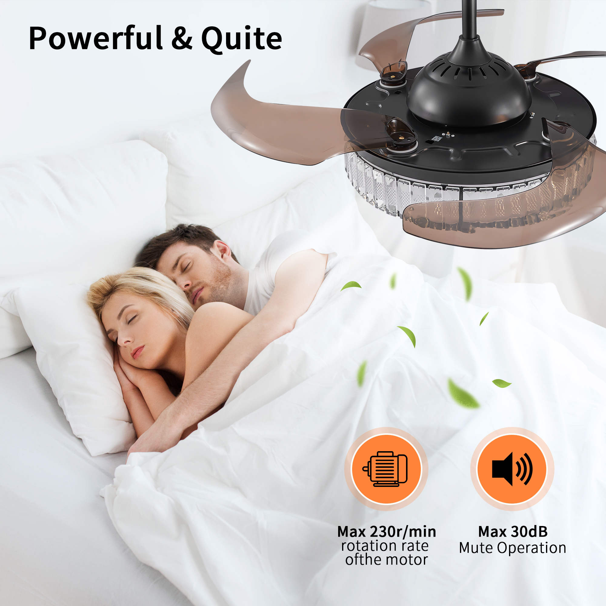 48" Contemporary Crystal LED Retractable Ceiling Fan with Light and Remote Control, 6-Speed Quiet Reversible DC Motor,4 Blades Modern Ceiling Fans for Kitchen Bedroom Dining Room Patio - Image 2