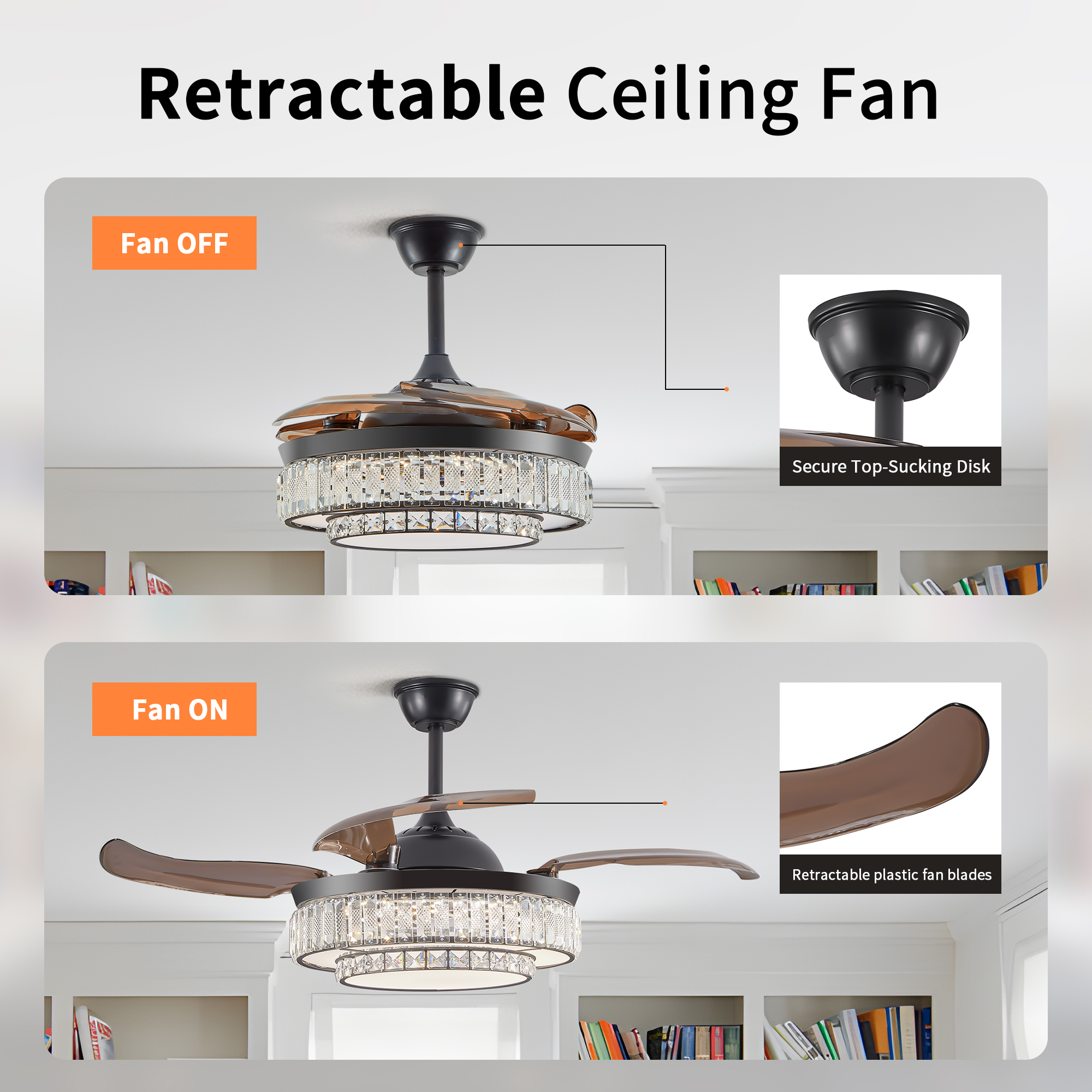48" Contemporary Crystal LED Retractable Ceiling Fan with Light and Remote Control, 6-Speed Quiet Reversible DC Motor,4 Blades Modern Ceiling Fans for Kitchen Bedroom Dining Room Patio - Image 3