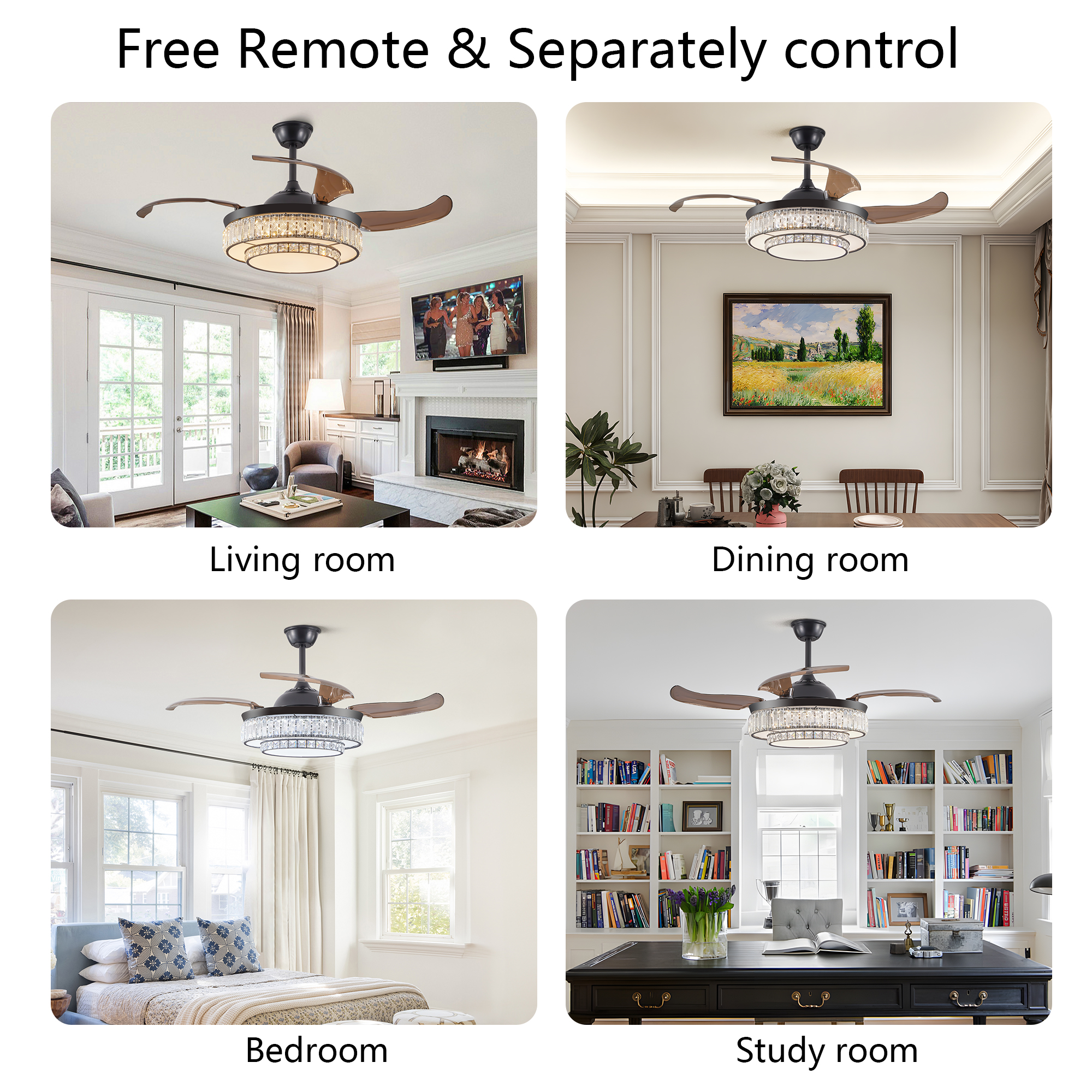 48" Contemporary Crystal LED Retractable Ceiling Fan with Light and Remote Control, 6-Speed Quiet Reversible DC Motor,4 Blades Modern Ceiling Fans for Kitchen Bedroom Dining Room Patio - Image 4