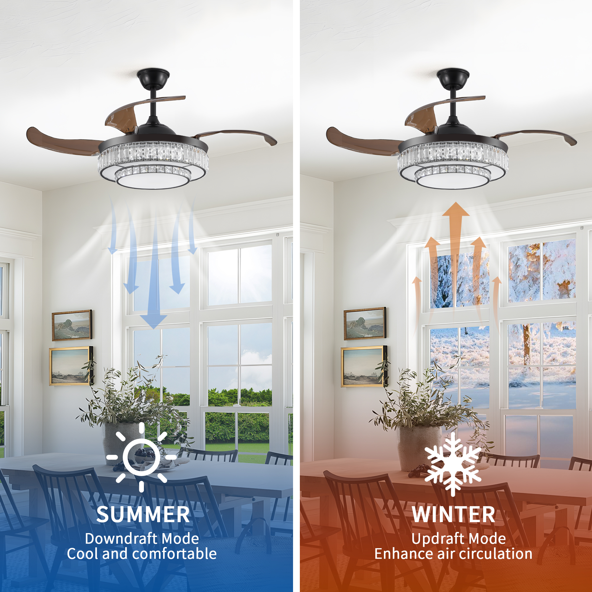 48" Contemporary Crystal LED Retractable Ceiling Fan with Light and Remote Control, 6-Speed Quiet Reversible DC Motor,4 Blades Modern Ceiling Fans for Kitchen Bedroom Dining Room Patio - Image 5
