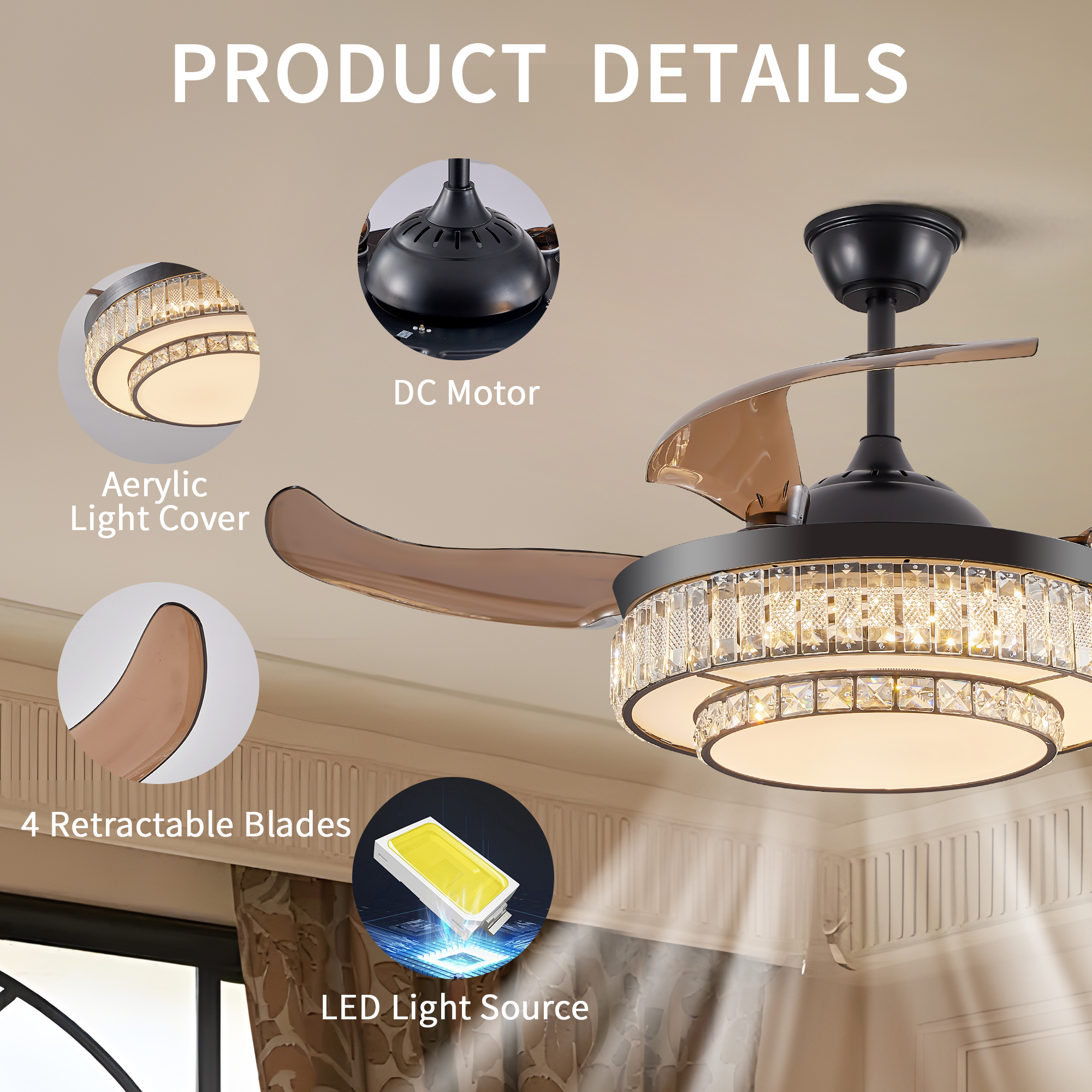 48" Contemporary Crystal LED Retractable Ceiling Fan with Light and Remote Control, 6-Speed Quiet Reversible DC Motor,4 Blades Modern Ceiling Fans for Kitchen Bedroom Dining Room Patio - Image 6