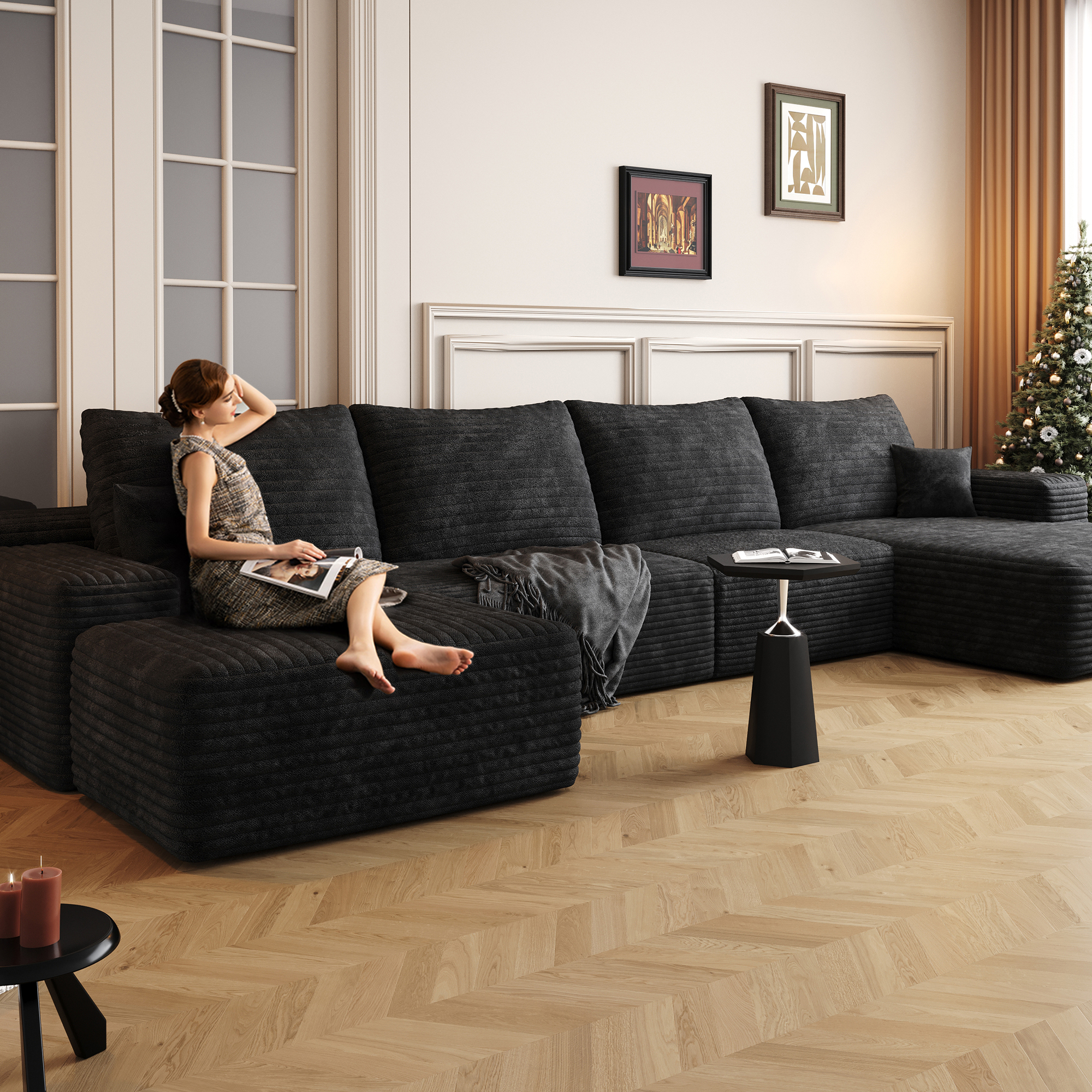 135" Cloud Sectional Sofa with 1 Ottoman,Modern Minimalist Upholstered Couches, Comfort U Shaped Sofa for Living Room,Deep Seat Corner Couch,No Assembly Required,Balck (Plush Corduroy Fabric) - Image 3