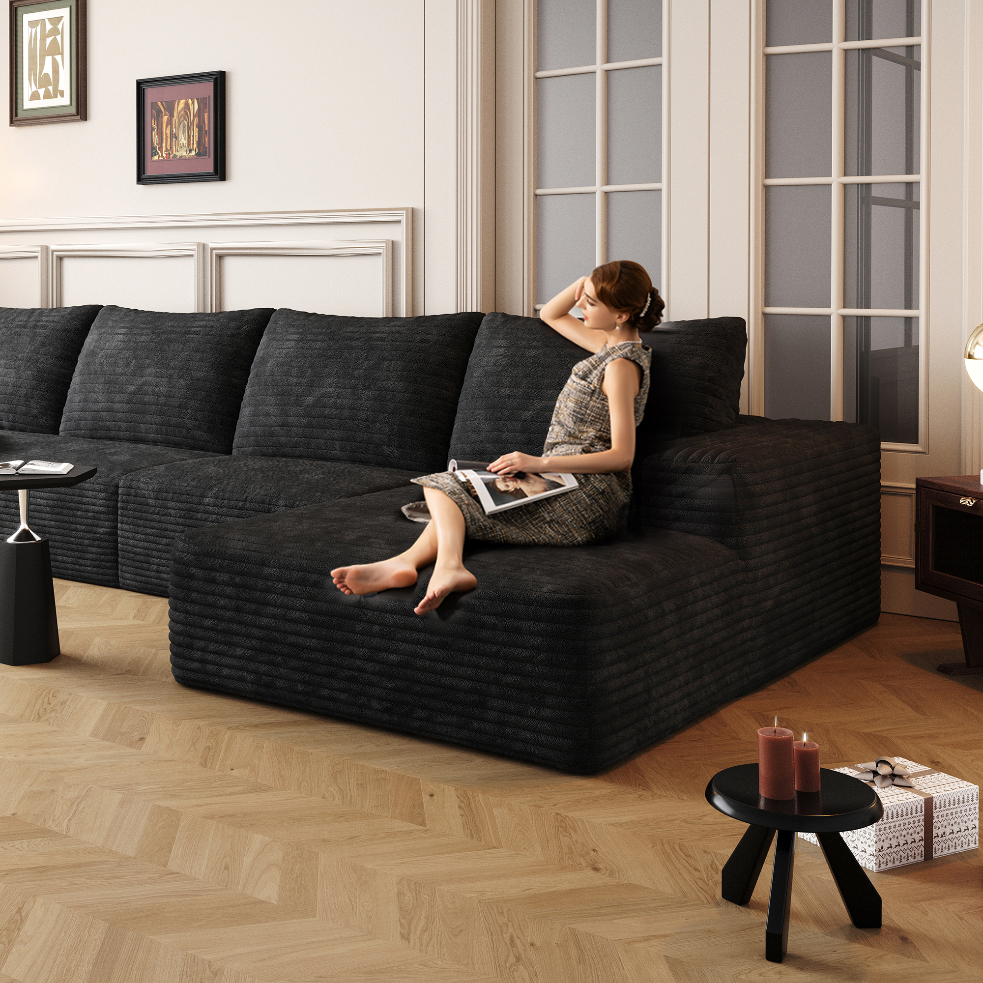 135" Cloud Sectional Couch with L-Shape Chaise,Modern Modular Sofa with Deep Seat, Upholstered Couches for Living Room Bedroom,No Assembly Required, Black(Plush Corduroy Fabric) - Image 4